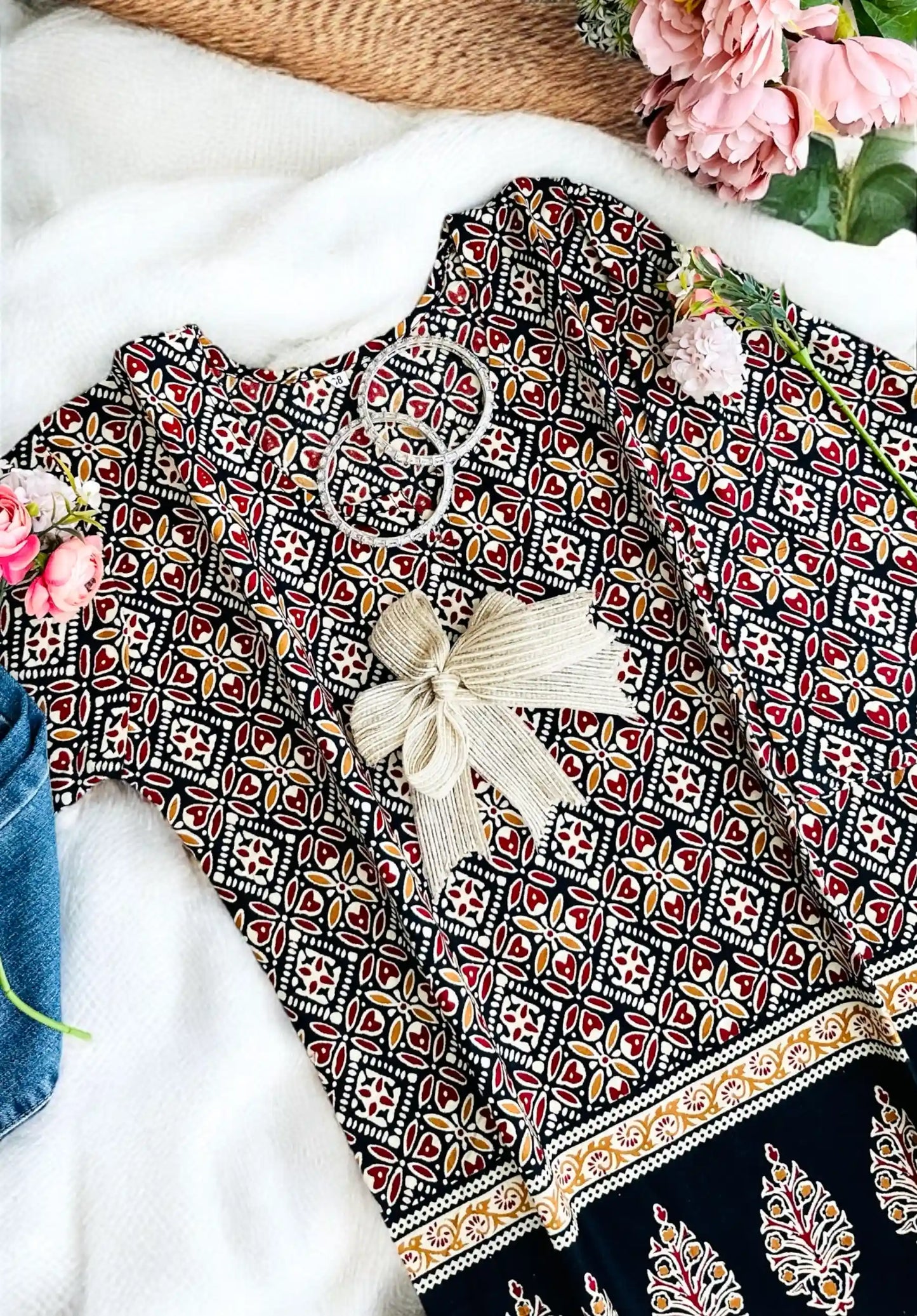 Black Handprinted Short Kurta