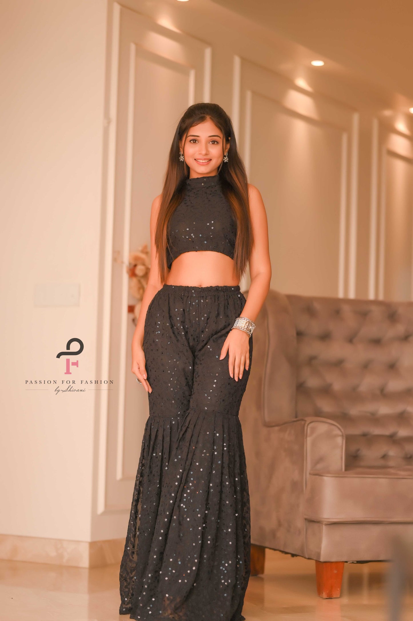 Midnight Leafy Black Sharara Set