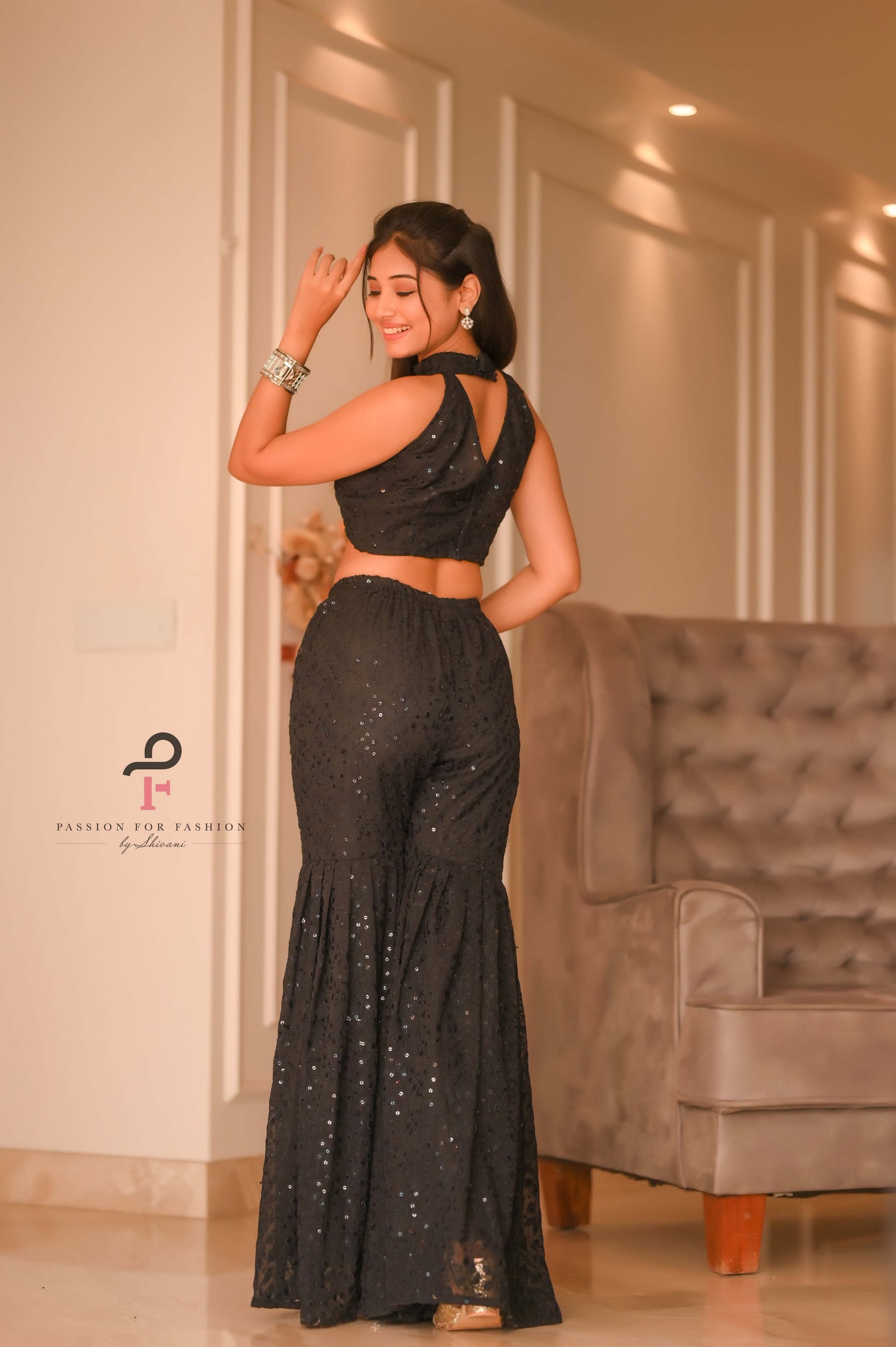 Midnight Leafy Black Sharara Set