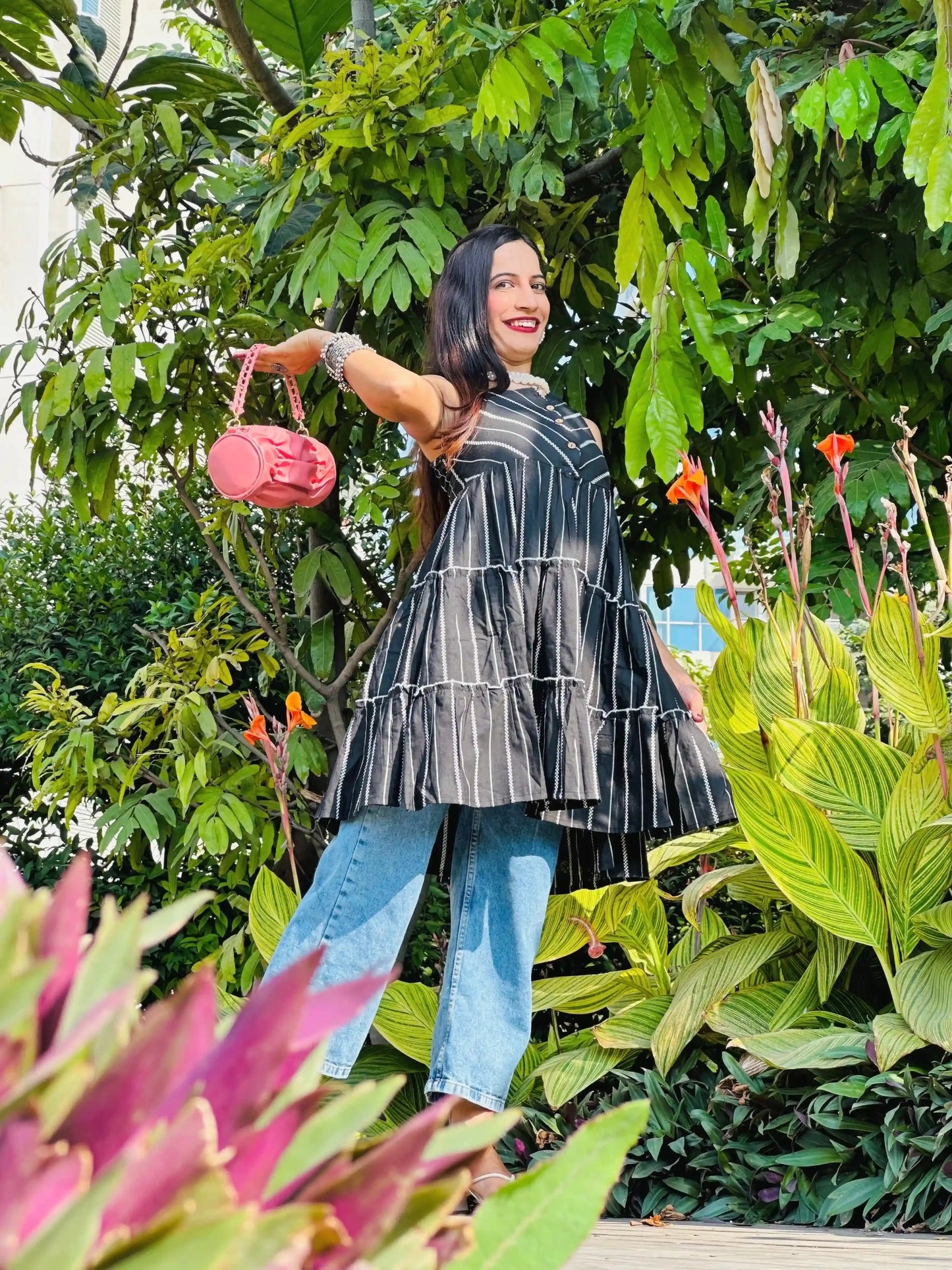 Black Stripe Denim Frill Kurta - Passion for Fashion by Shivani
