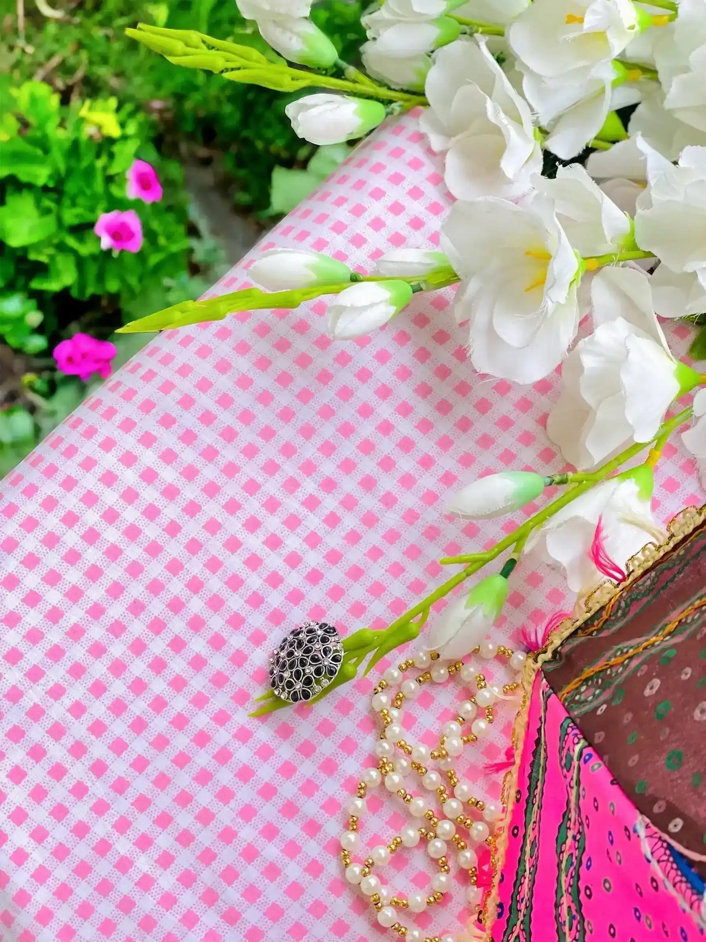 Daisy Pink Handprinted MulMul Fabric Cut - Passion for Fashion by Shivani