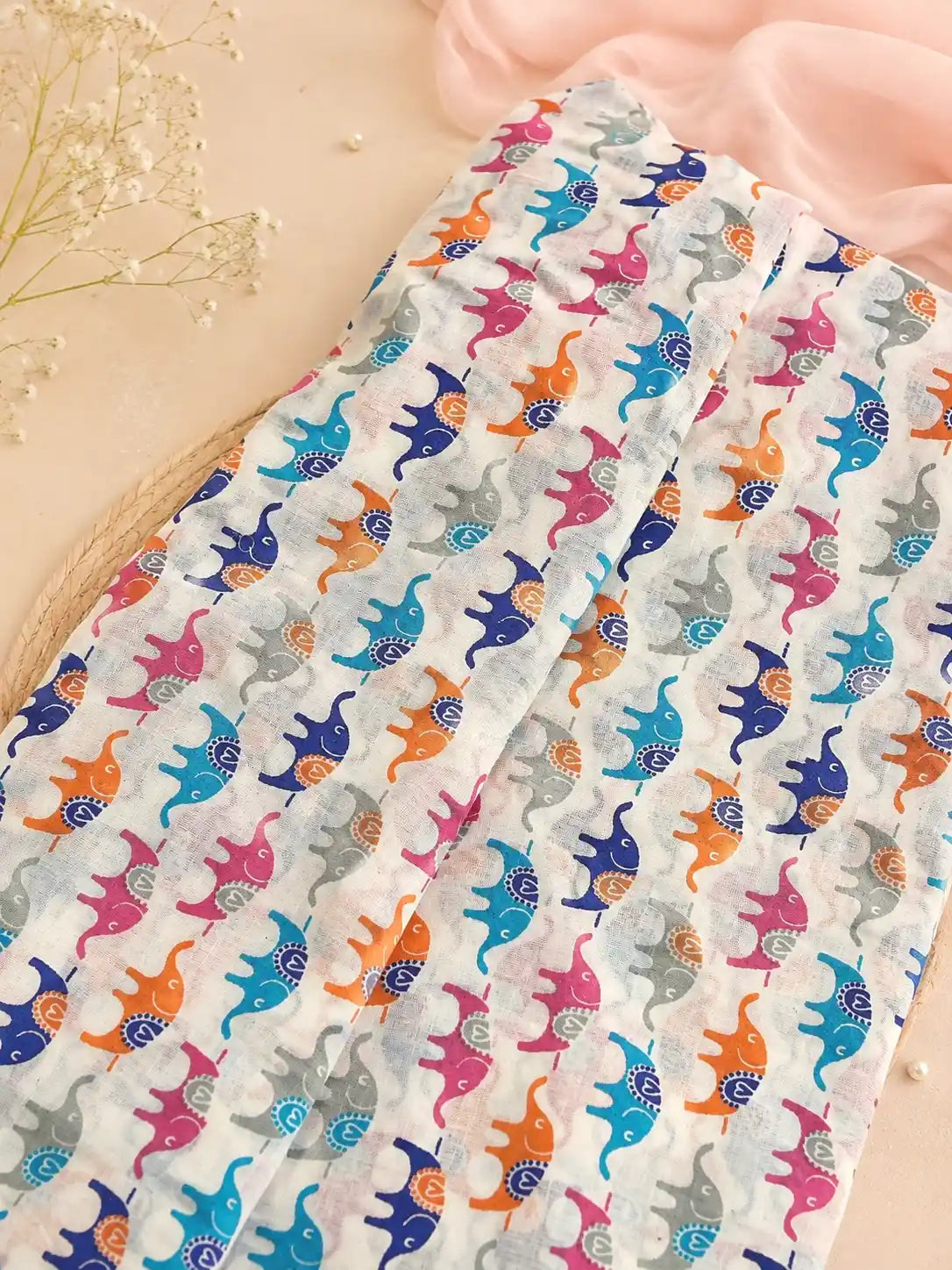 Playful Elephant Printed Cotton Fabric Cut