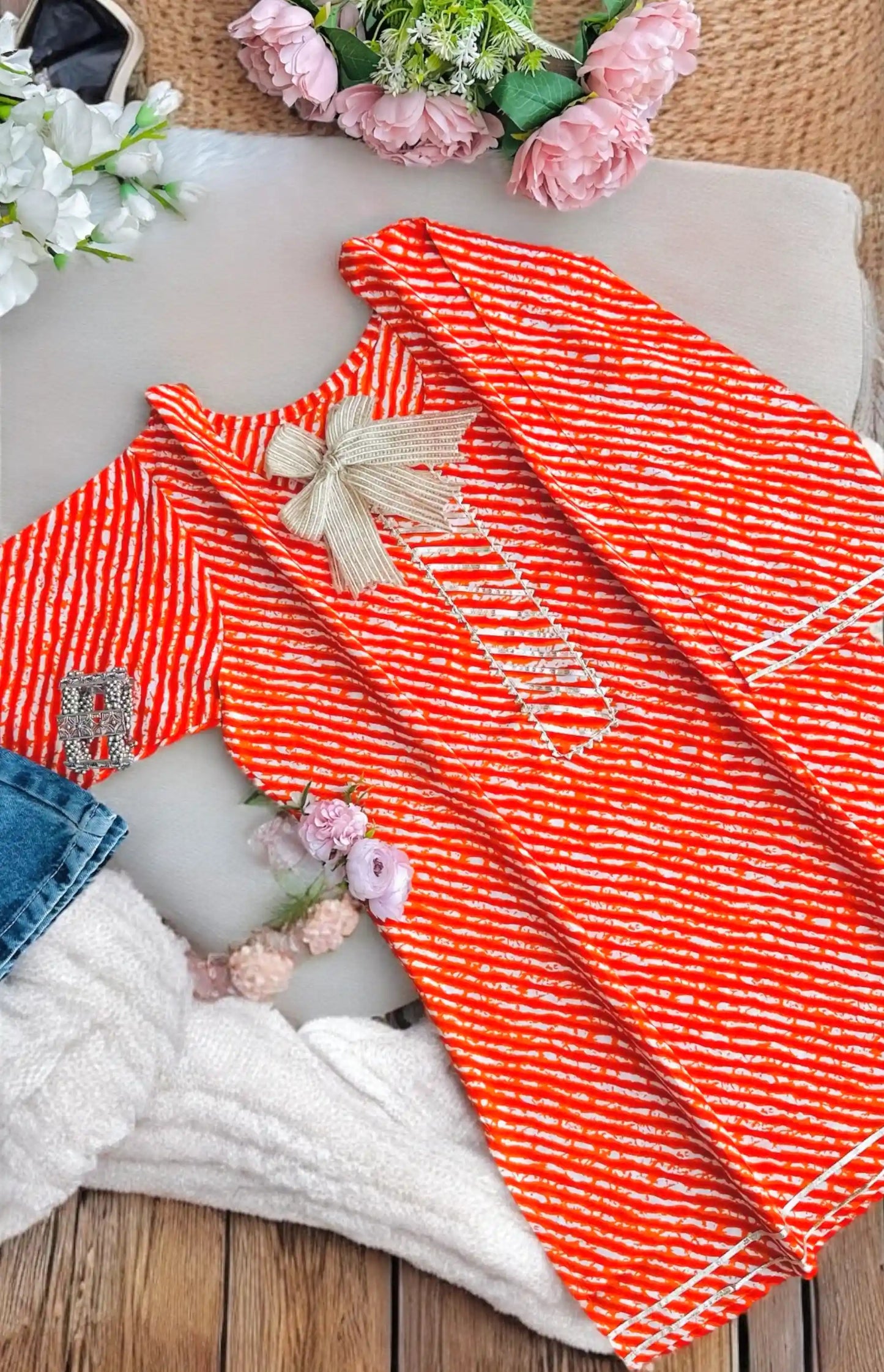 Orange Lehriya Jaipuri Short Kurta