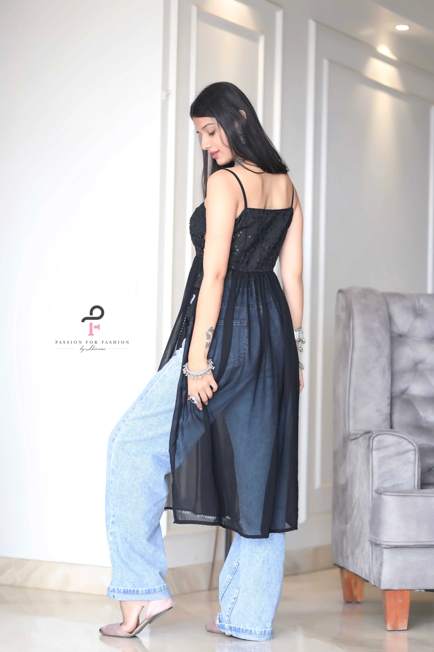 Smoky Black Gulnaz Embroidered Kurta