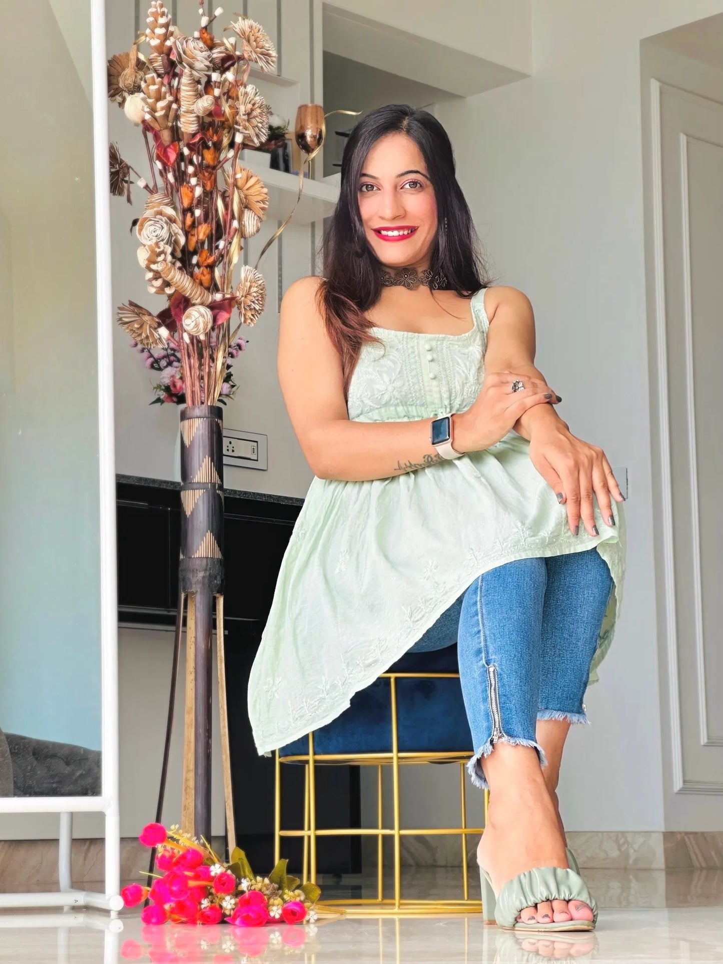 Blush Green Naaz Chikan Short Kurta