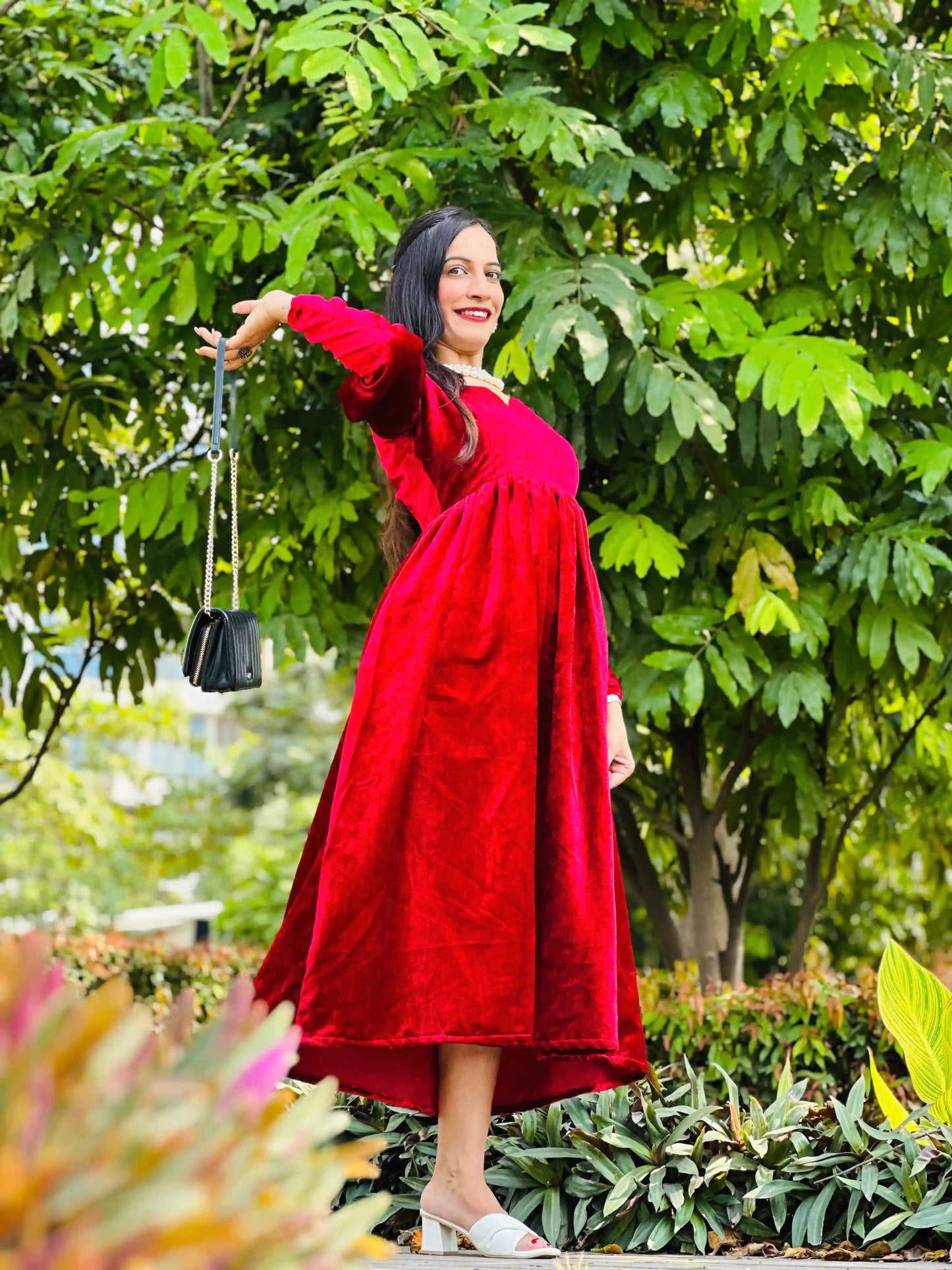 Sparkling Maroon Velvet Twirl Dress