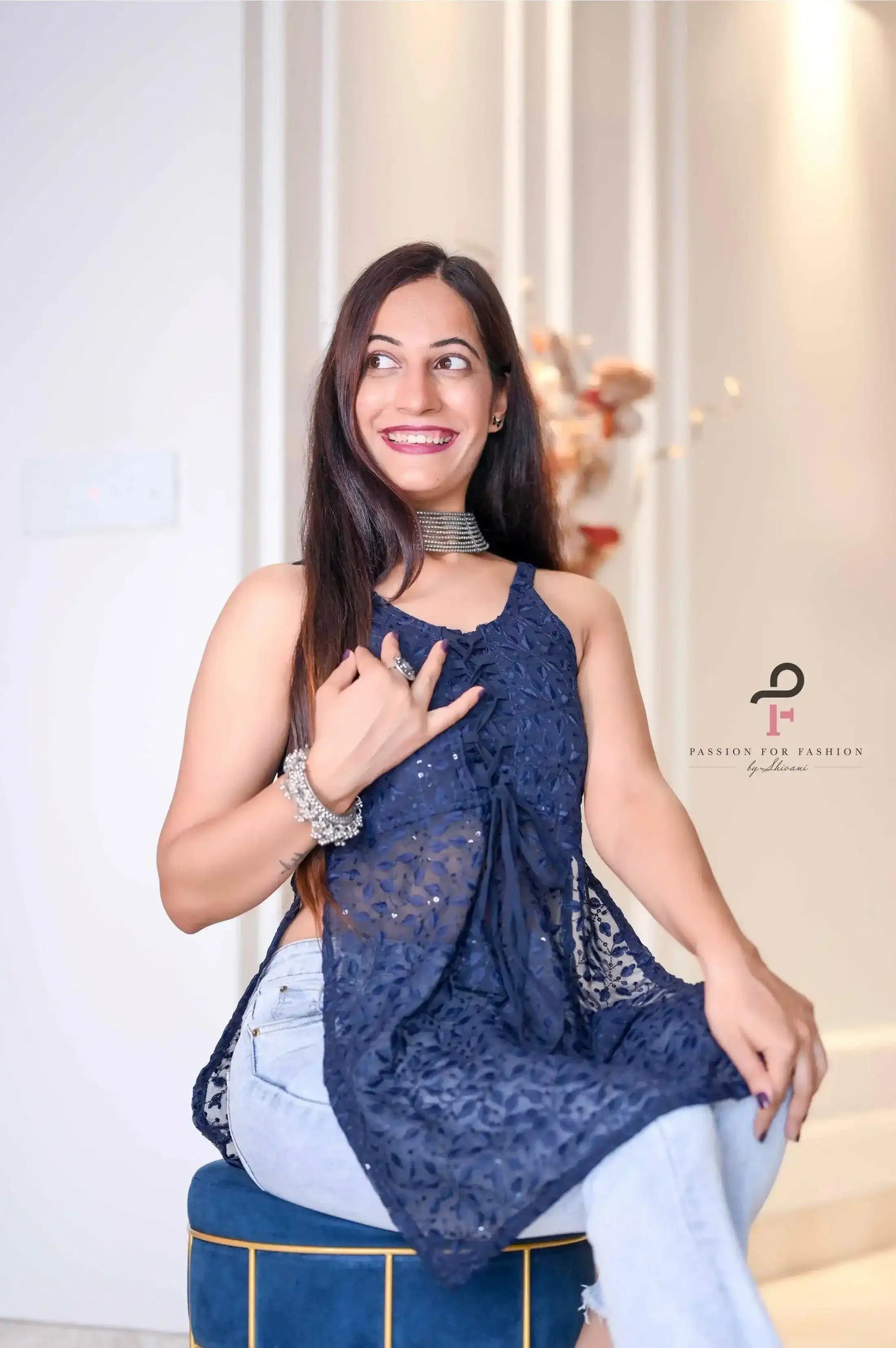 Glimmer Blue Gulnaz Embroidered Kurta - Passion for Fashion by Shivani
