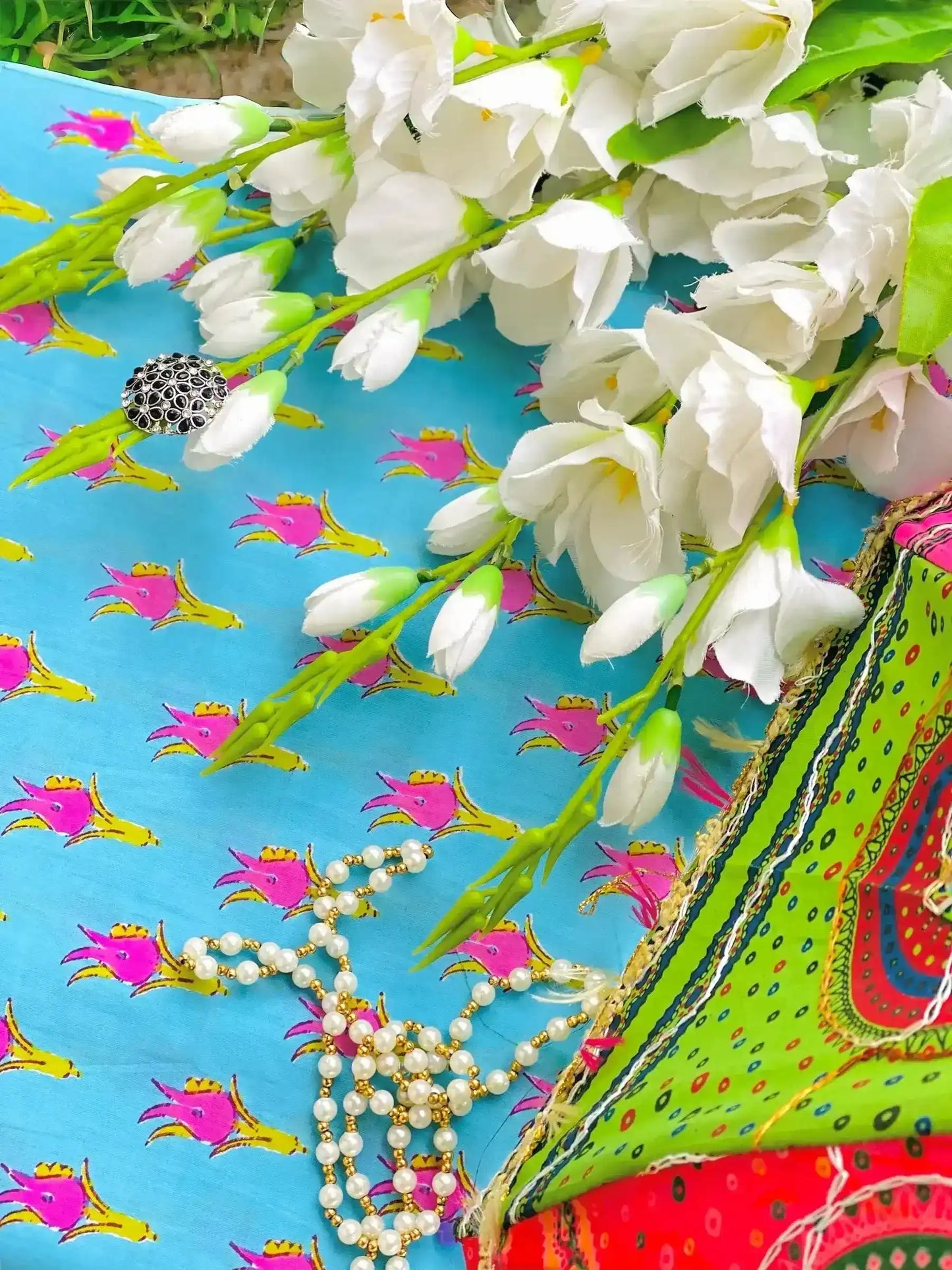 Daisy Blue Handprinted MulMul Fabric Cut - Passion for Fashion by Shivani