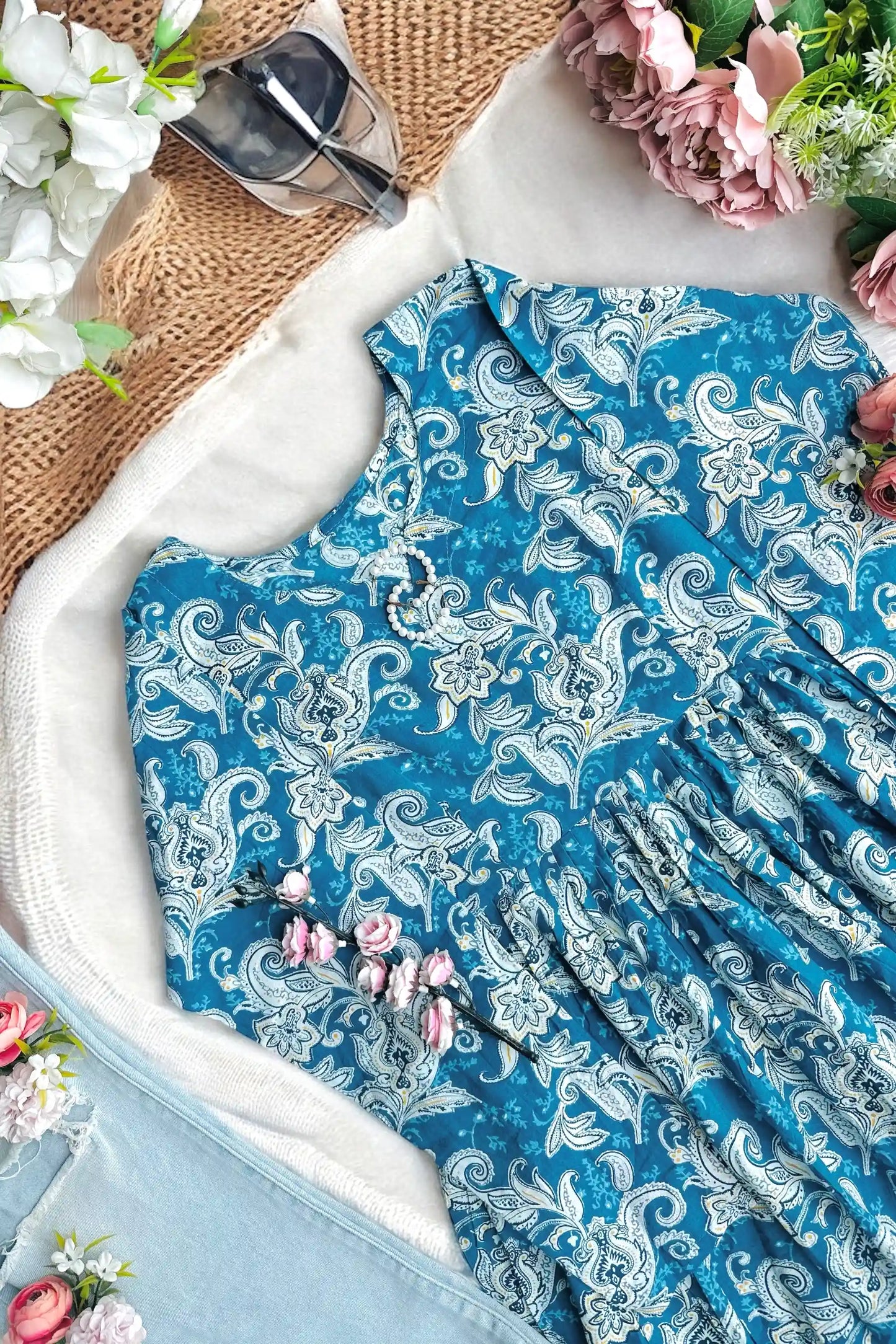 Blue Kalamkari Jaipuri Short Top