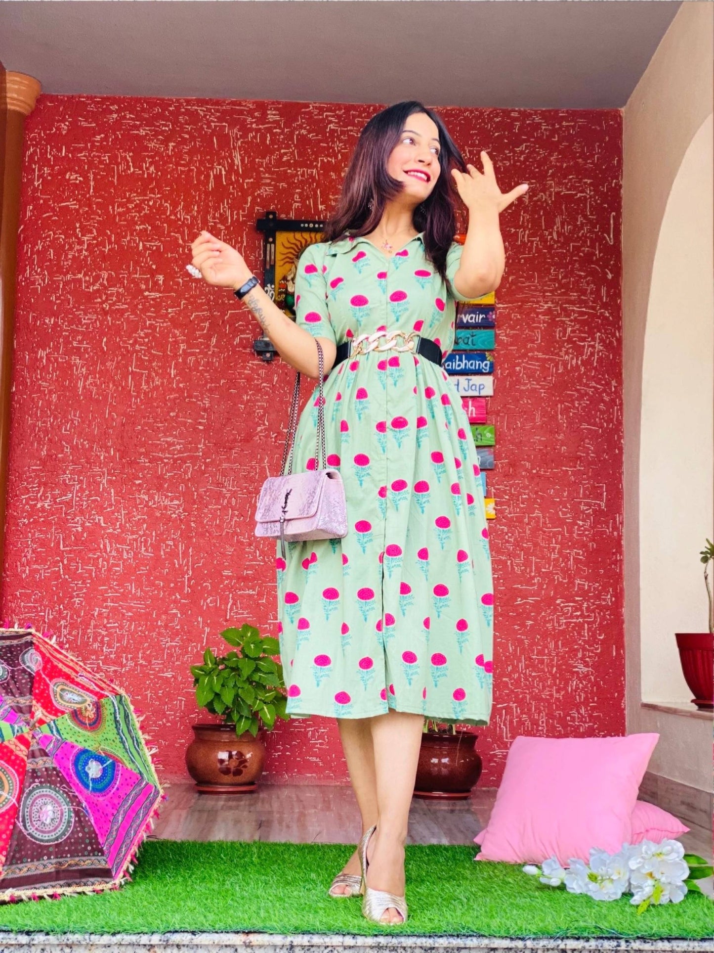 Soft Green Collar Block Print Dress
