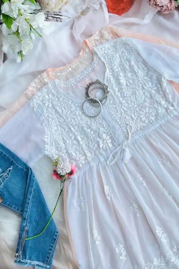 Dreamy White Short Chikan Top - Passion for Fashion by Shivani