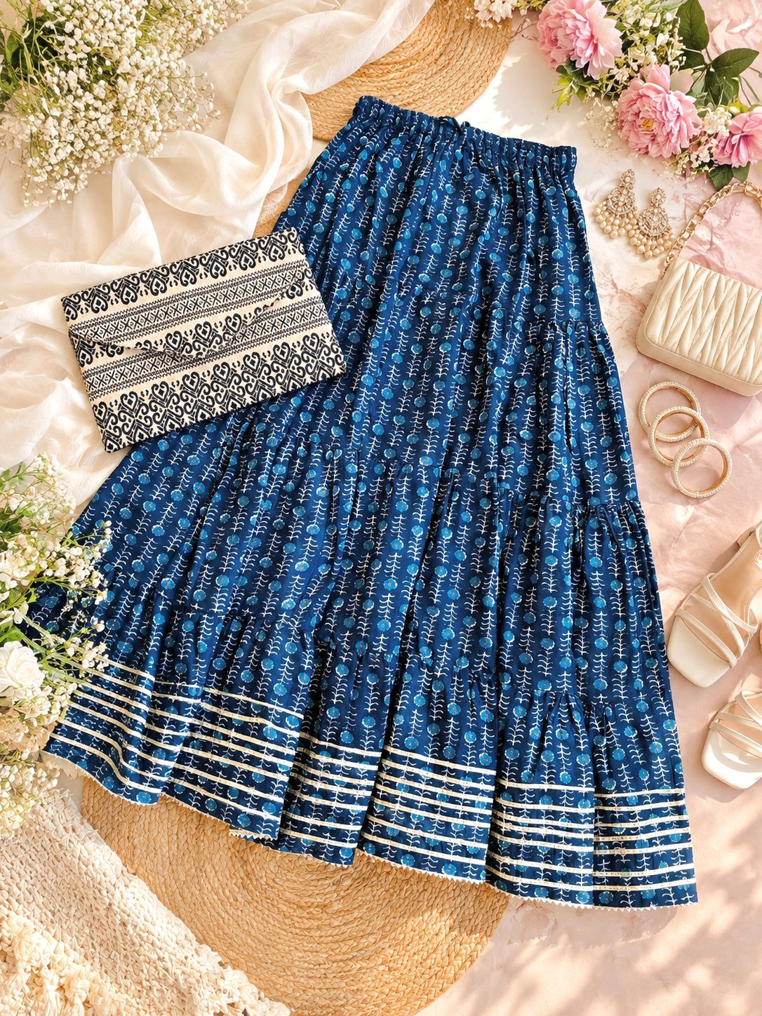 Rustic Jaipuri Indigo Flared Twirl Skirt