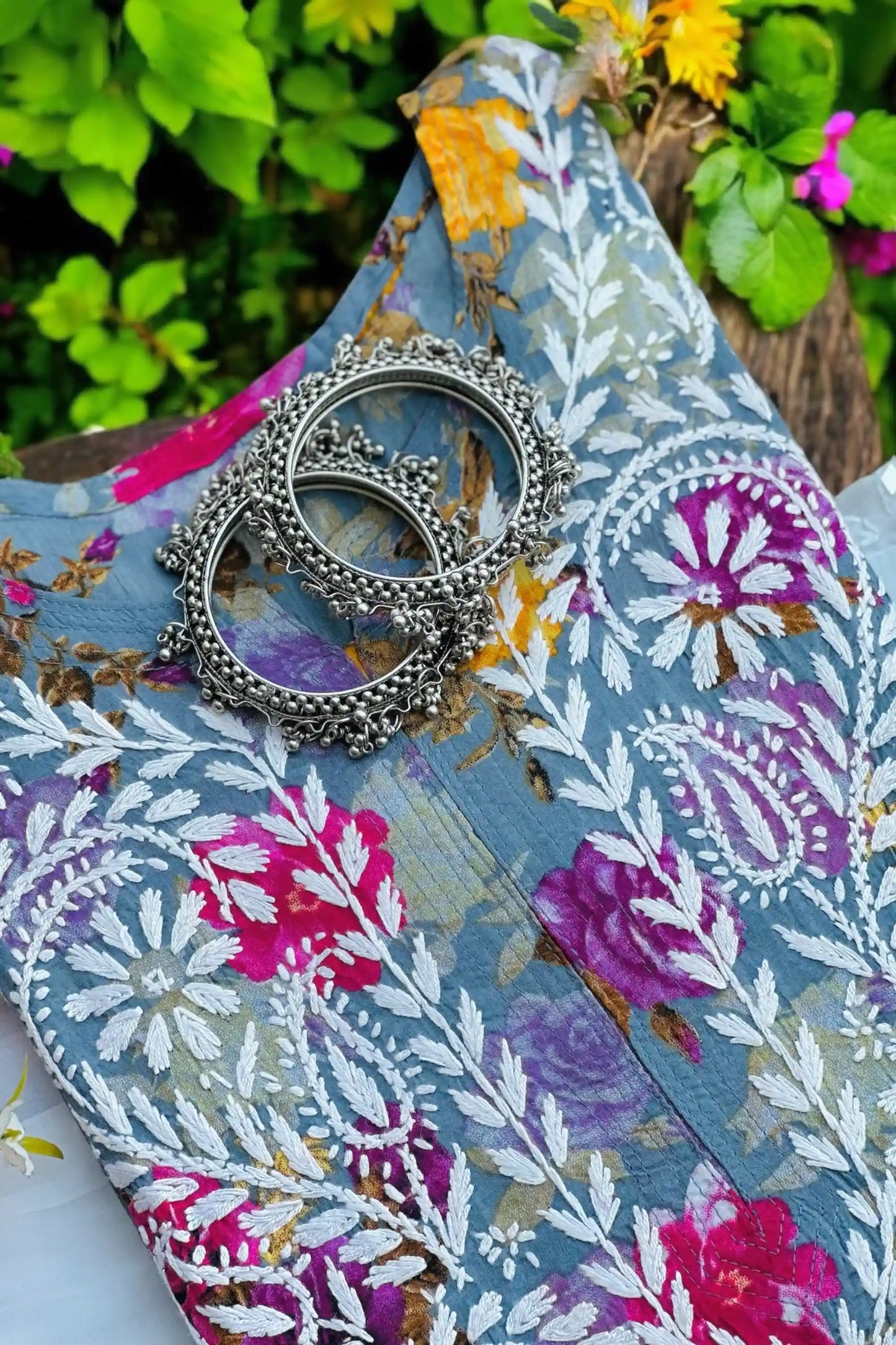 Floral Grey Fanah Mul Chikankari