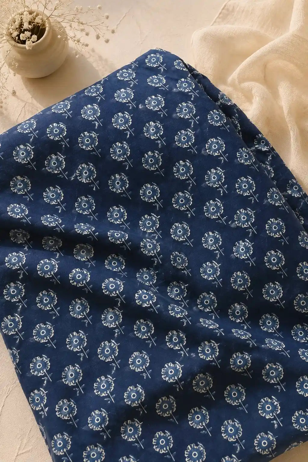 Blue Handblock Floral Cotton Fabric