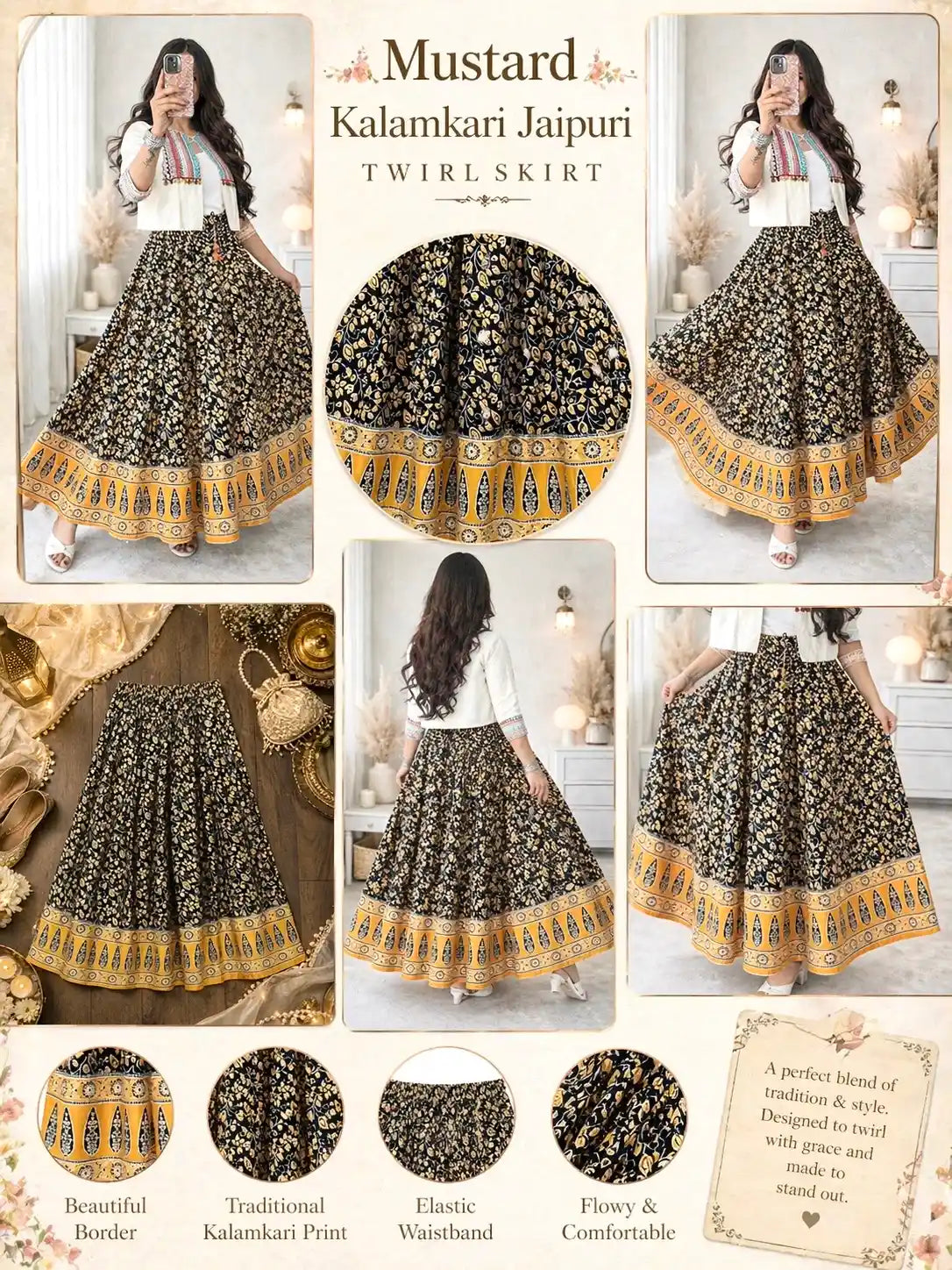 Mustard Kalamkari Jaipuri Twirl Skirt