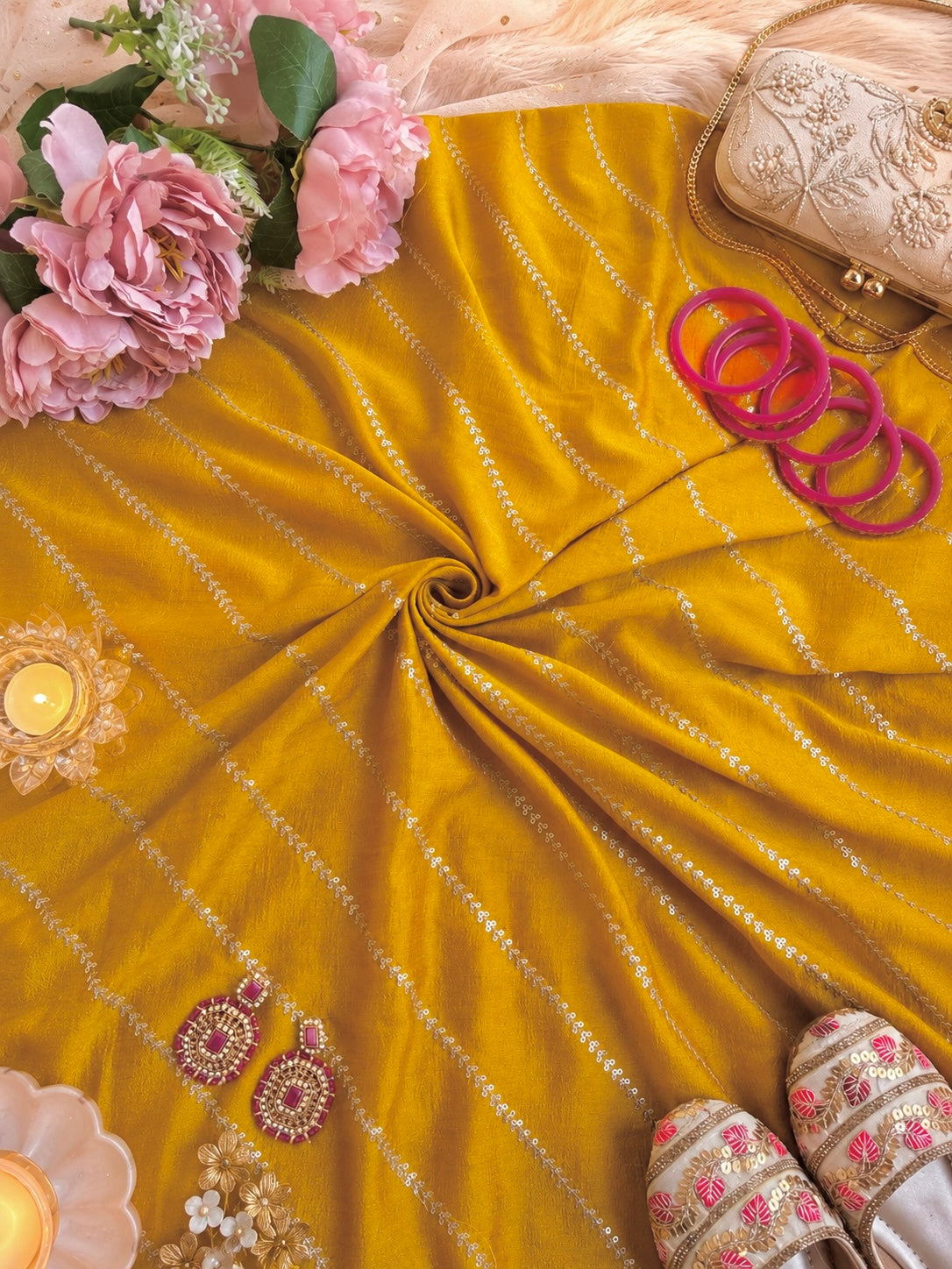 Luxury Mustard Gold Stripe Embellished Fabric Cut