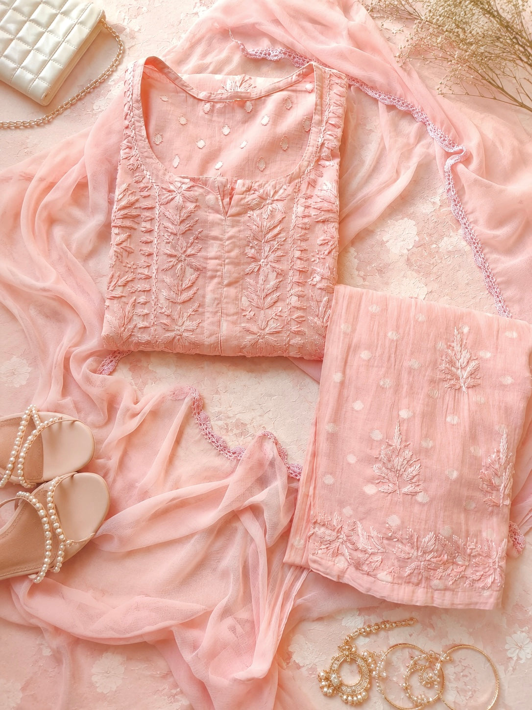 Blush Peach Chikankari Embroidered Suit Set