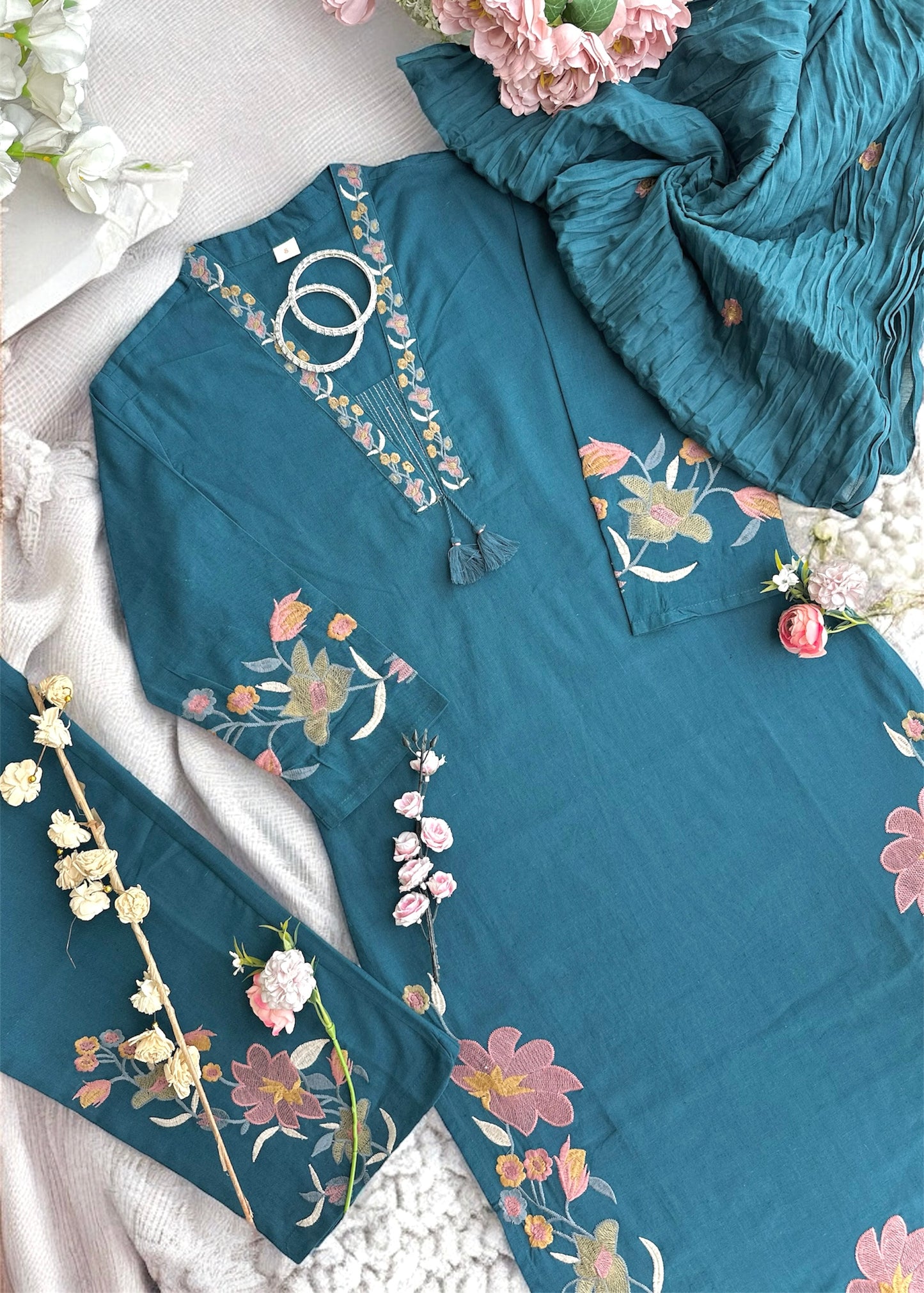 Meher Teal Bloom Embroidered Suit