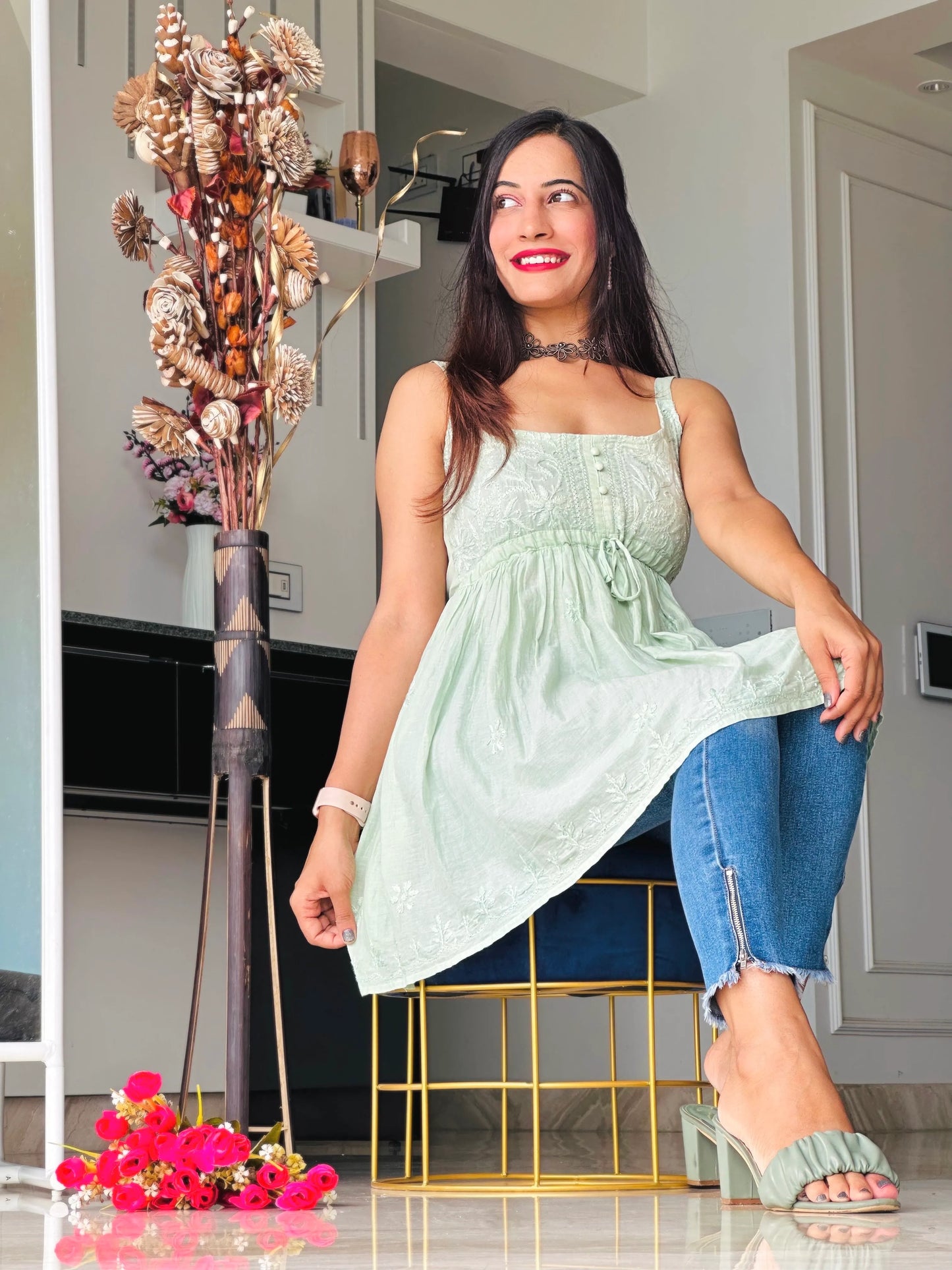 Blush Green Naaz Chikan Short Kurta