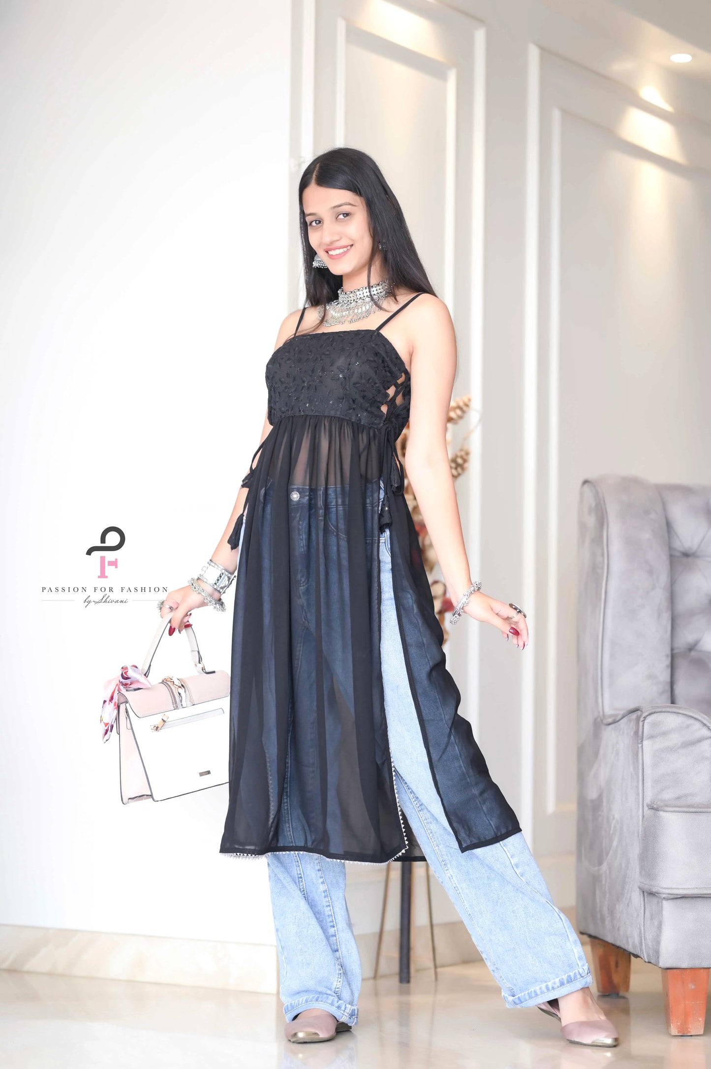 Smoky Black Gulnaz Embroidered Kurta