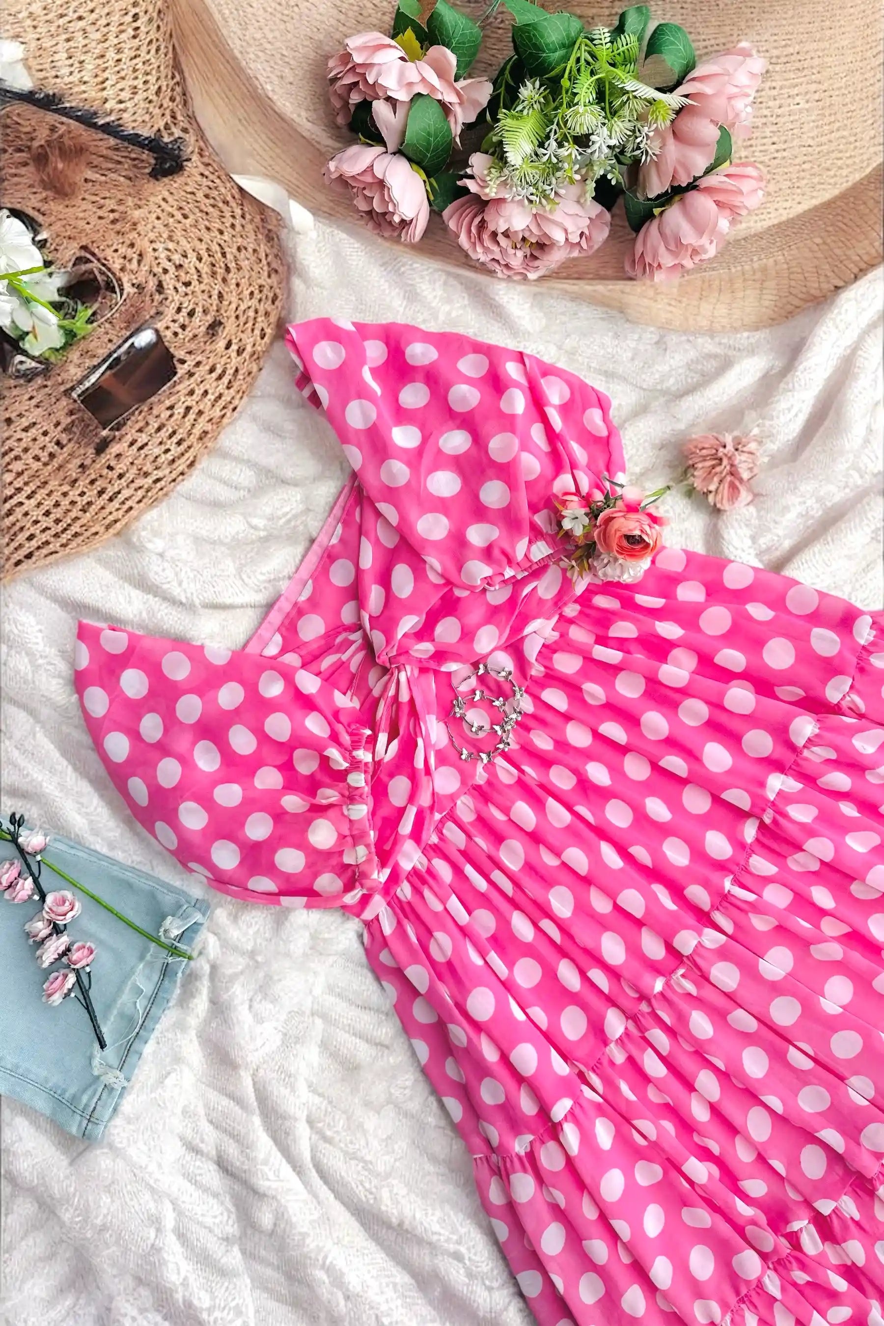 Dreamy Pink Polka Georgette Twirl Dress - Passion for Fashion by Shivani