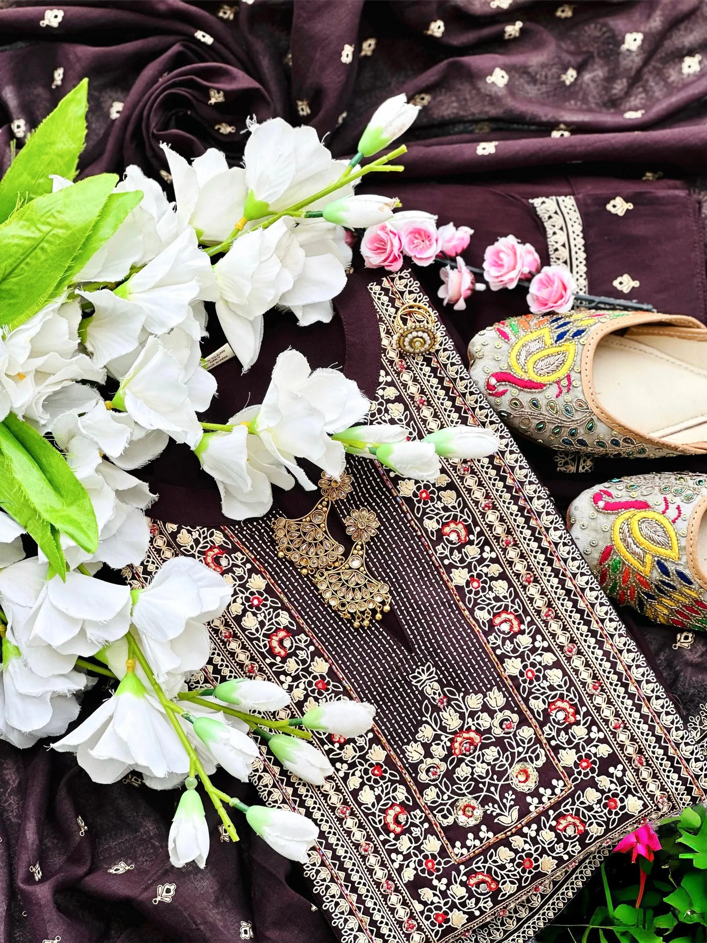Meher Brown Embroidered Suit Set
