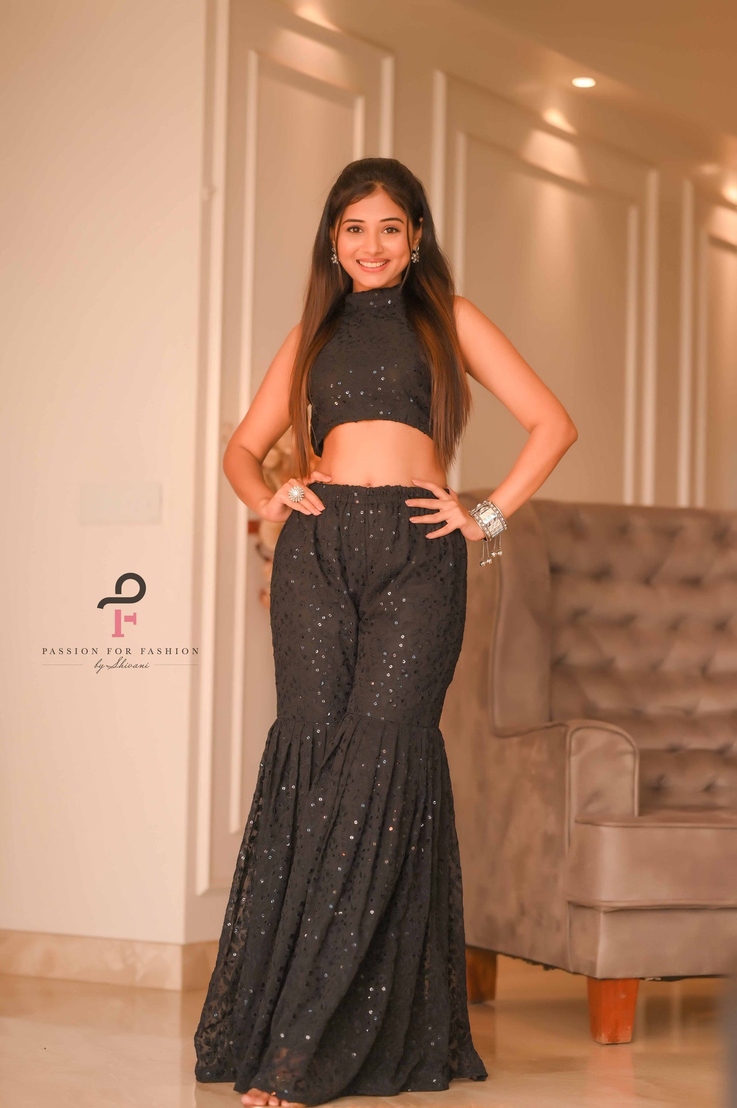 Midnight Leafy Black Sharara Set