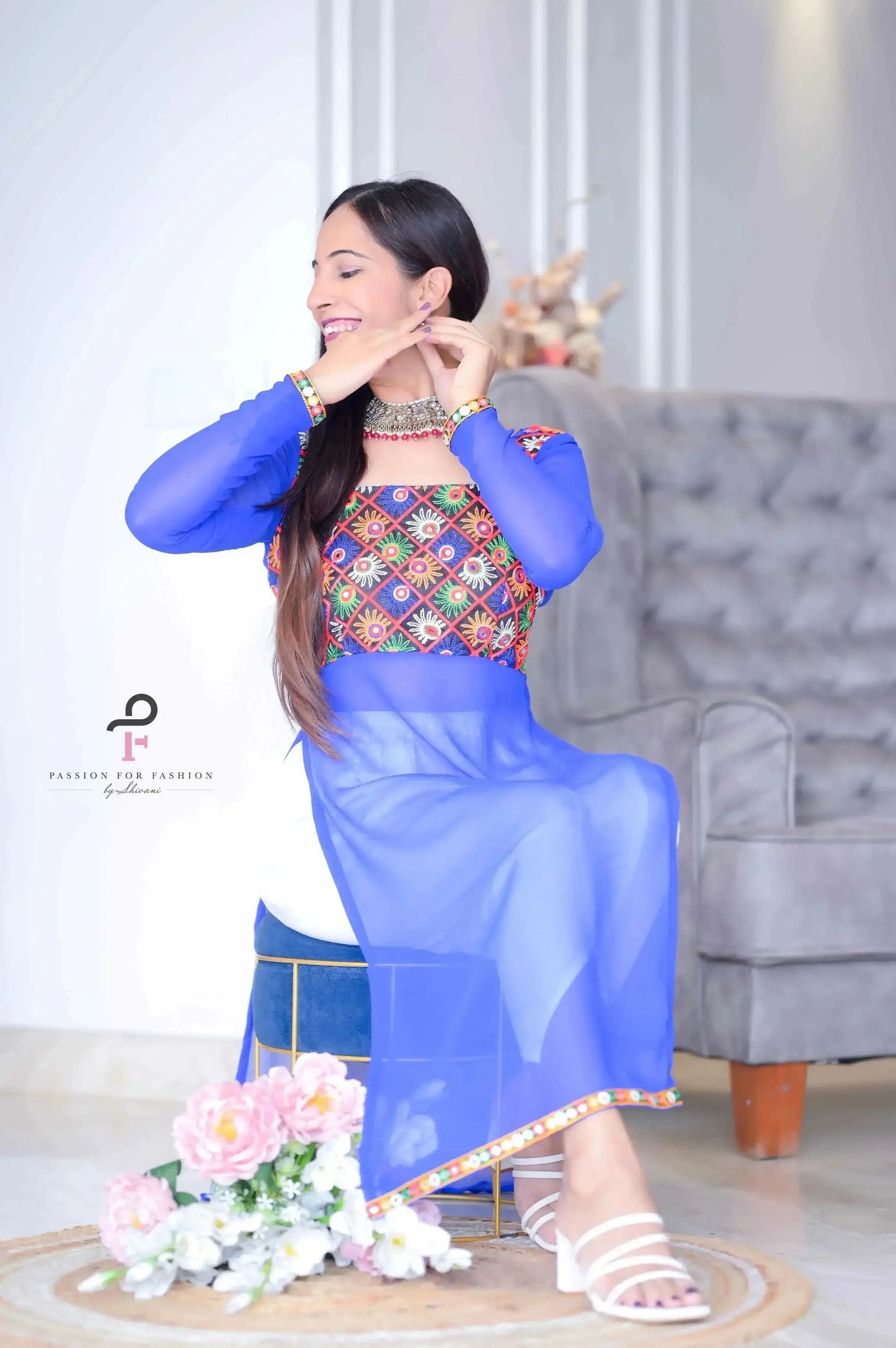 Hot Blue Gulnaz Embroidered Kurta - Passion for Fashion by Shivani