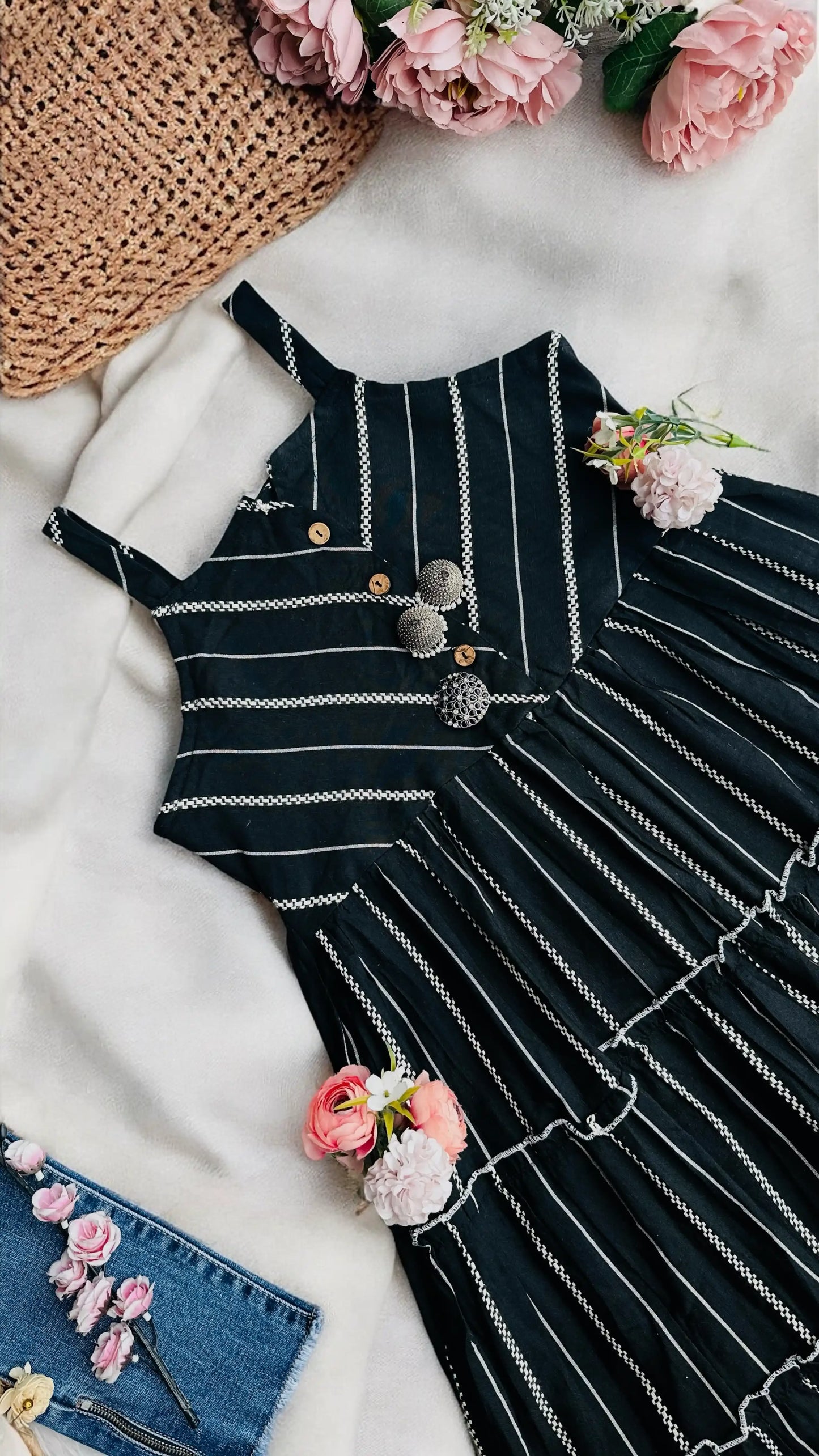 Black Stripe Denim Frill Kurta - Passion for Fashion by Shivani