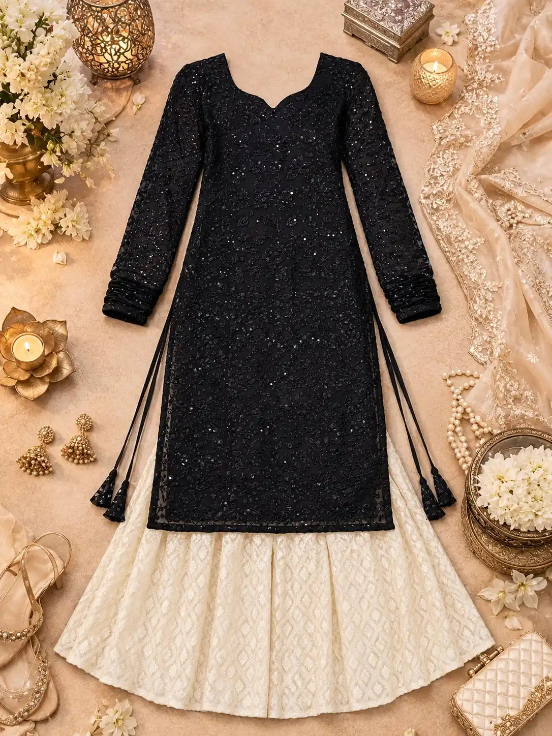 Smoky Black Leaf Gulnaz Kurta