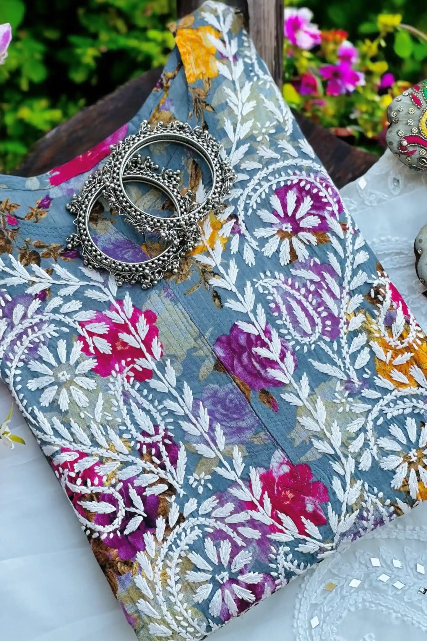 Floral Grey Fanah Mul Chikankari
