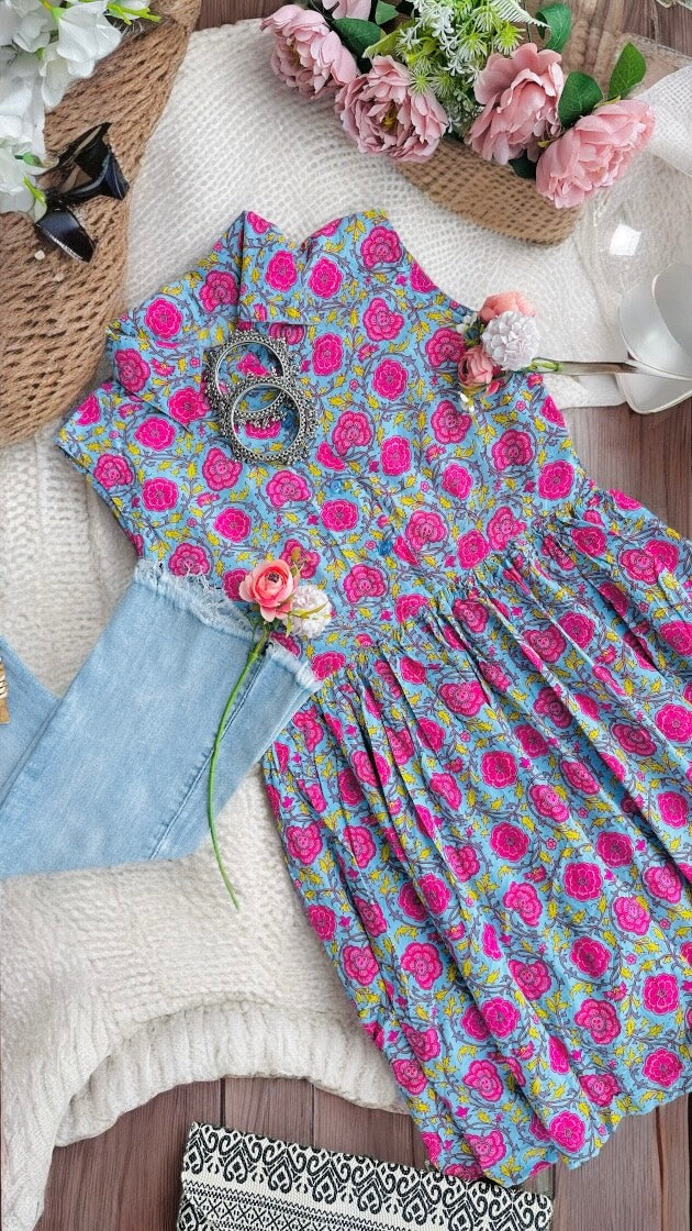Cobalt Collar Jaipuri Short Dress
