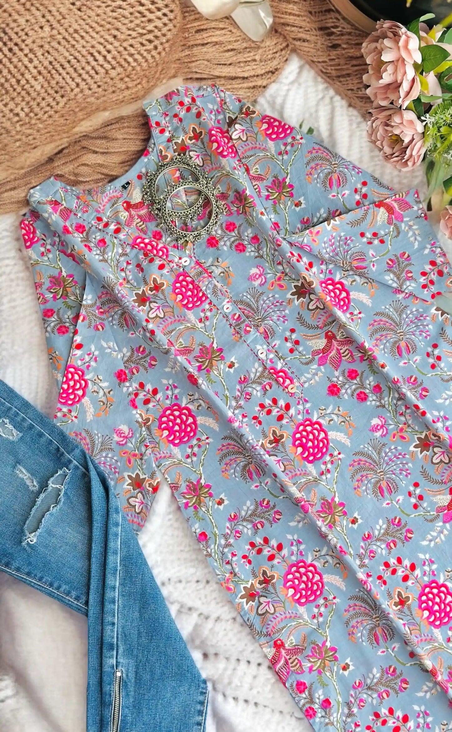 Grey Floral Mulmul Jaipuri Kurta - Passion for Fashion by Shivani