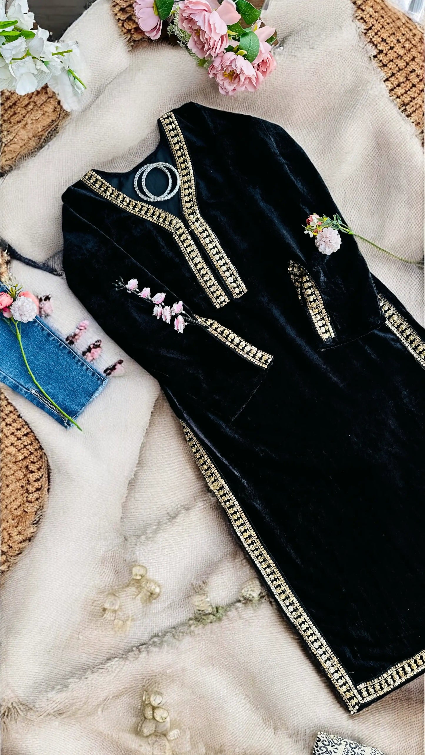 Rose Black Velvet Gulnaz Kurta - Passion for Fashion by Shivani
