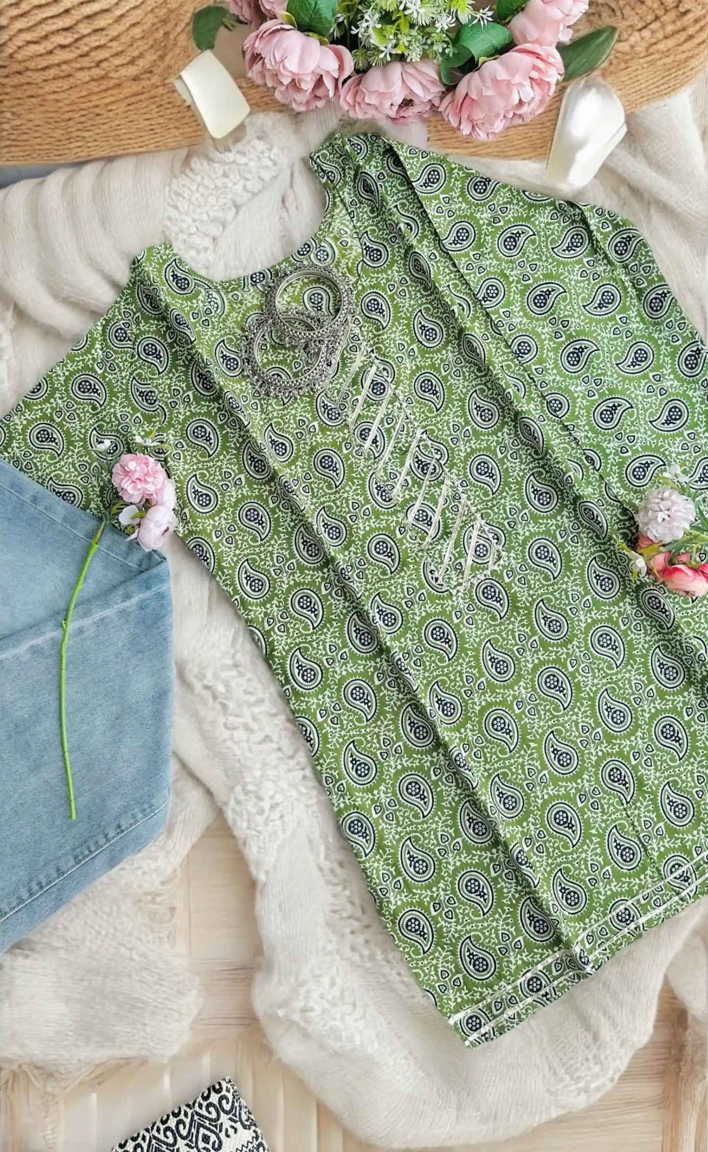 Green Jaipuri Cotton Short Kurta
