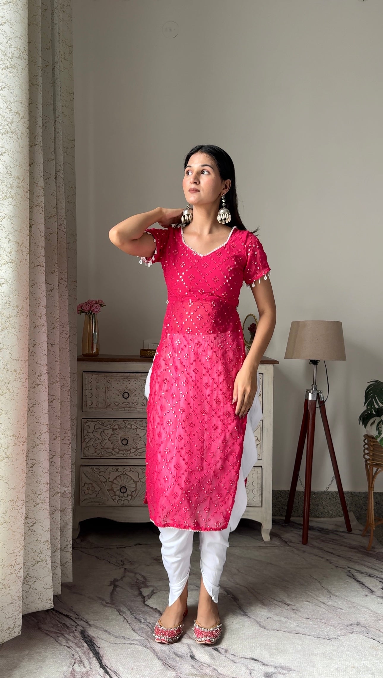 Swati's Hot Pink Embroidered Denim Gulnaz Kurta