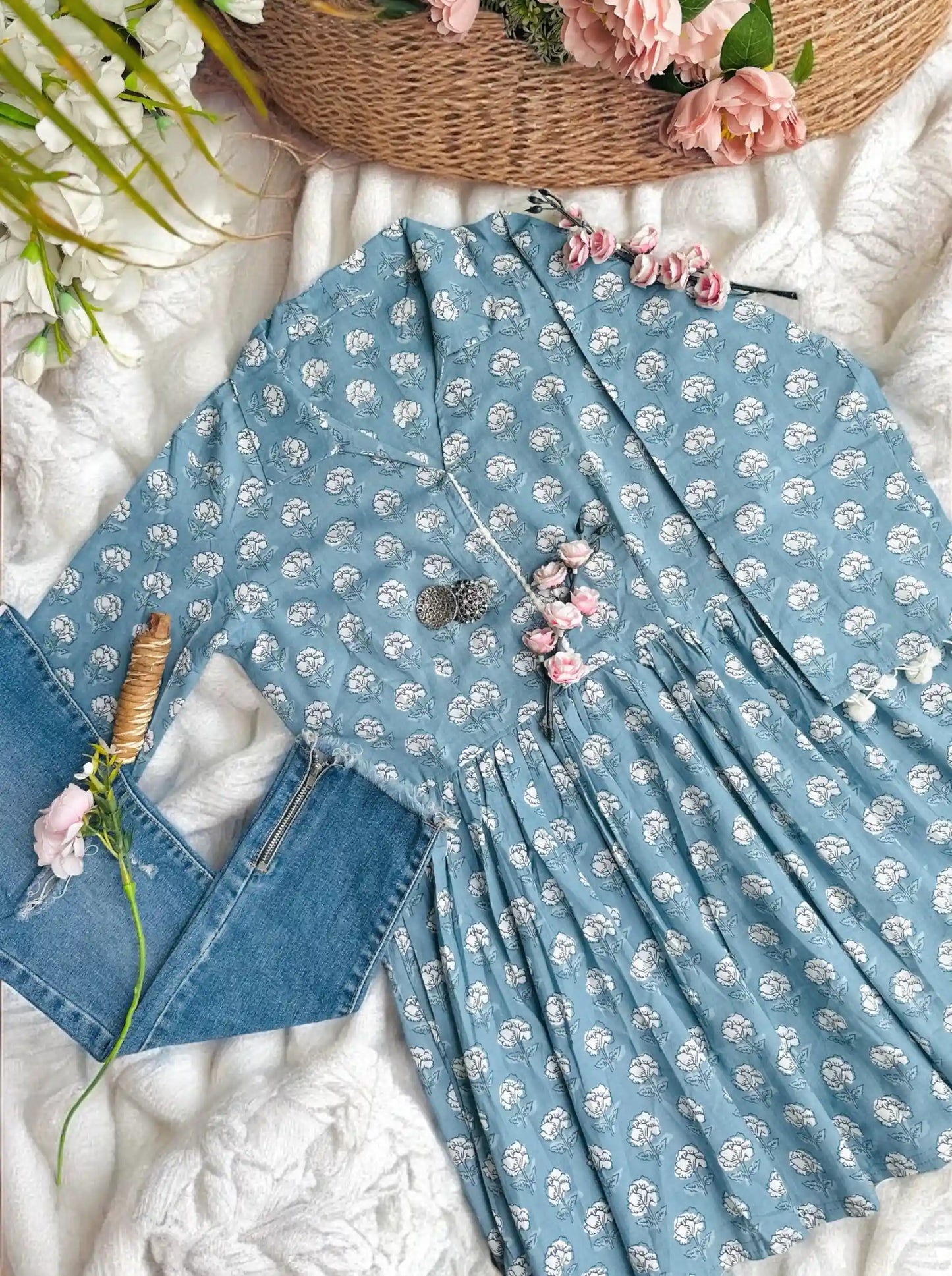 Grey Pom Pom Gulnaz Short Kurta