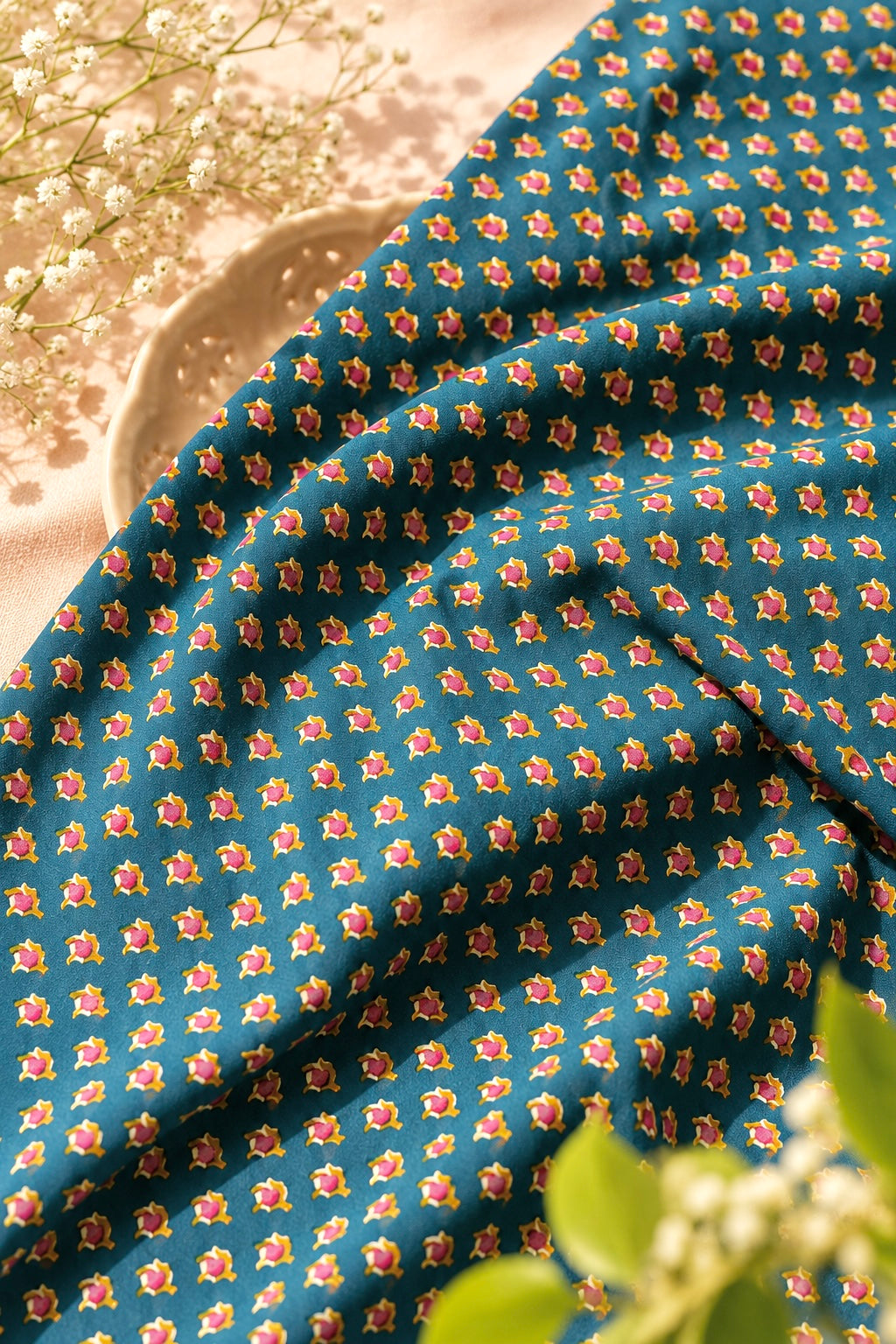 Teal Blue Floral Buti Cotton Fabric