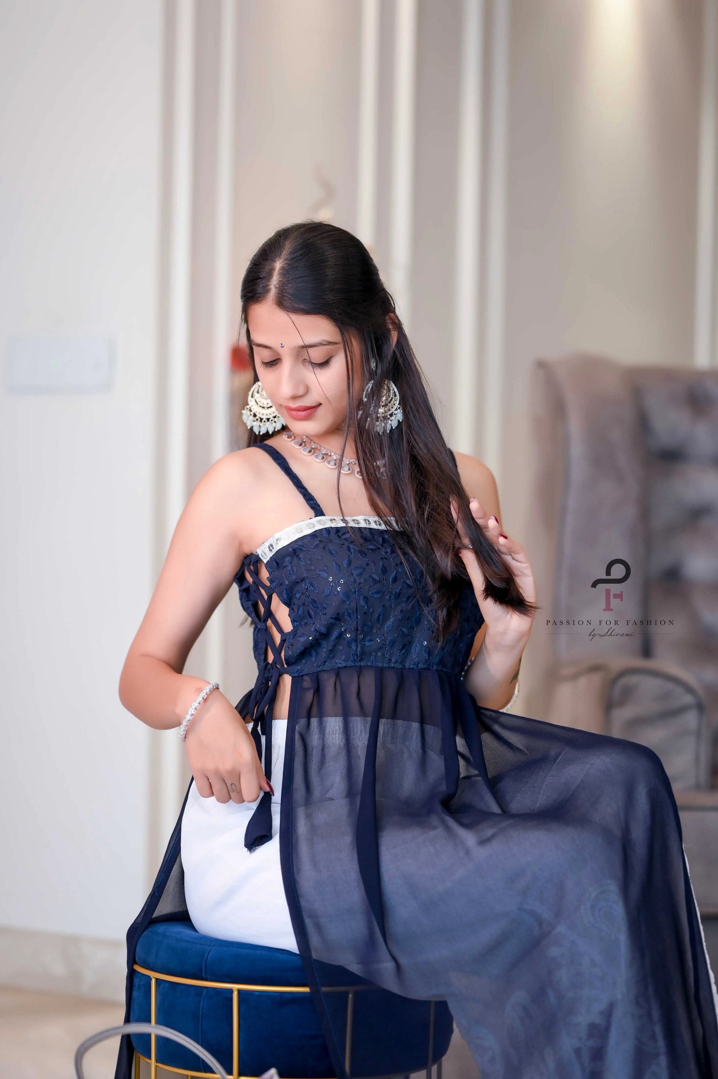 Monochrome Blue Embroidered Gulnaz Kurta
