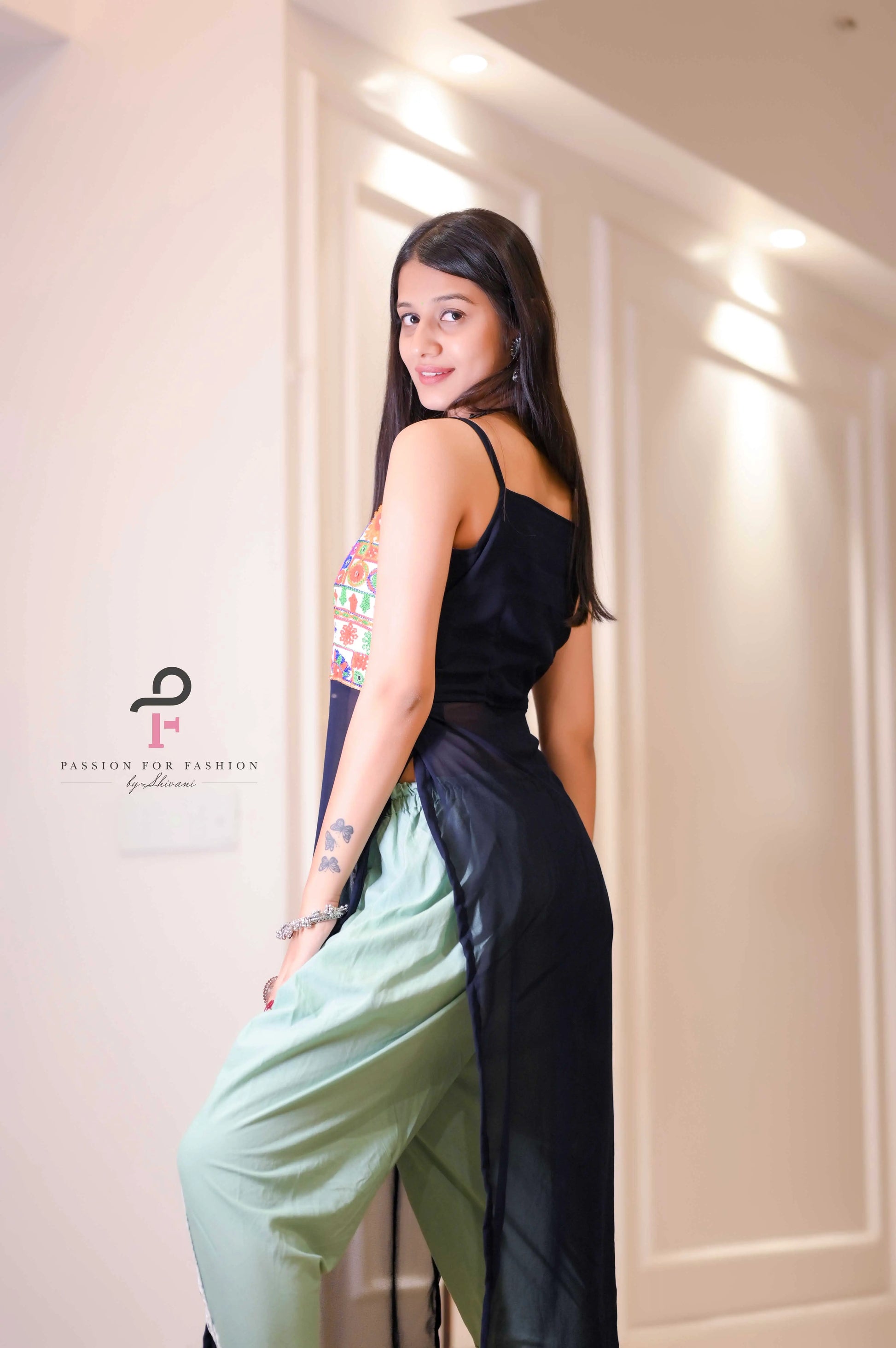 Monochrome Blue Gamti Embroidered Gulnaz Kurta - Passion for Fashion by Shivani
