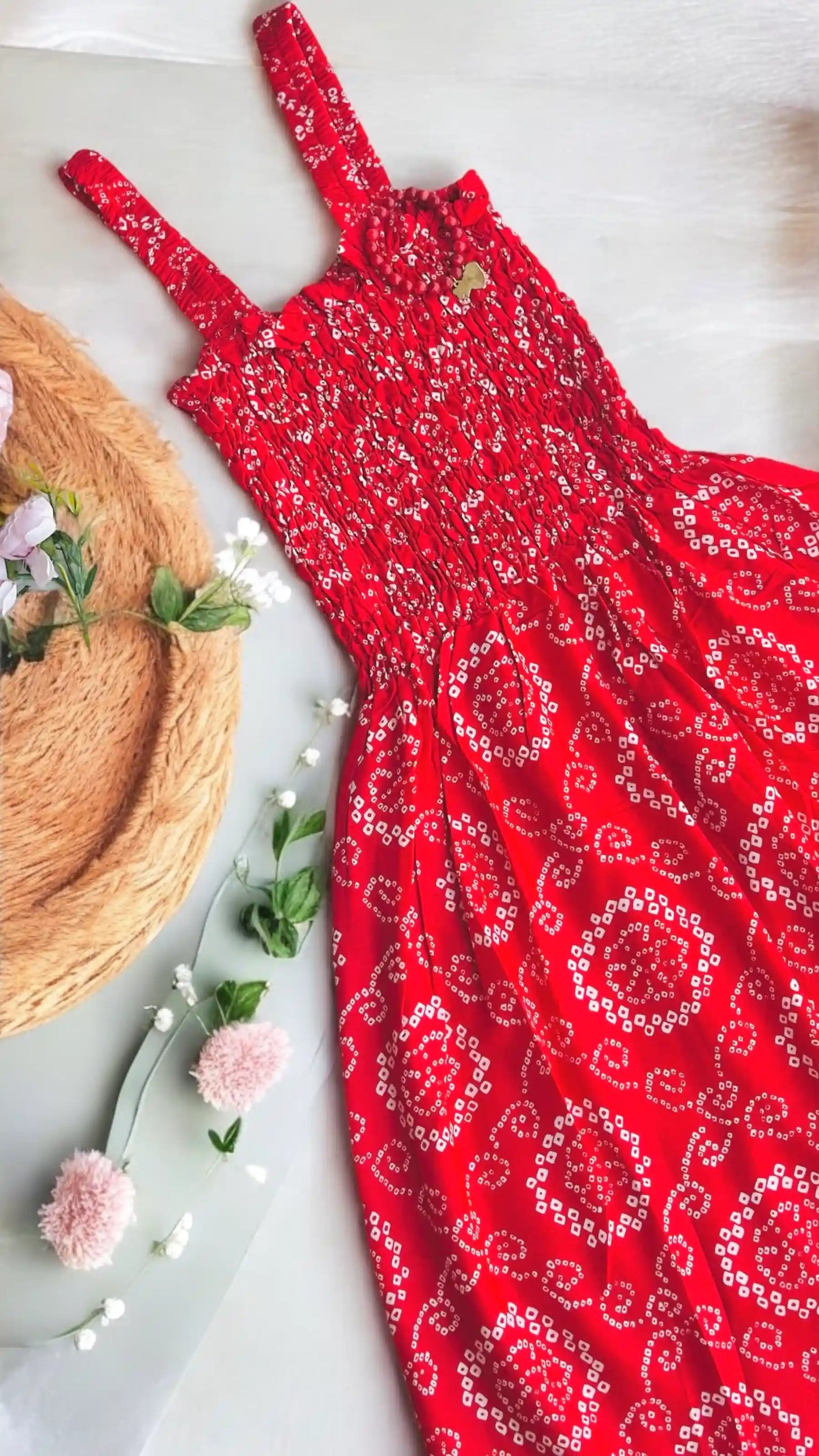 Red Bandhej Smoky Twirl Dress