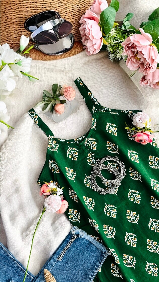 Dark Green Block Print Short Kurta