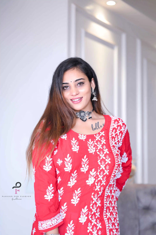 Scarlet Red Meher Chikan Embroidered Anarkali - Passion for Fashion by Shivani