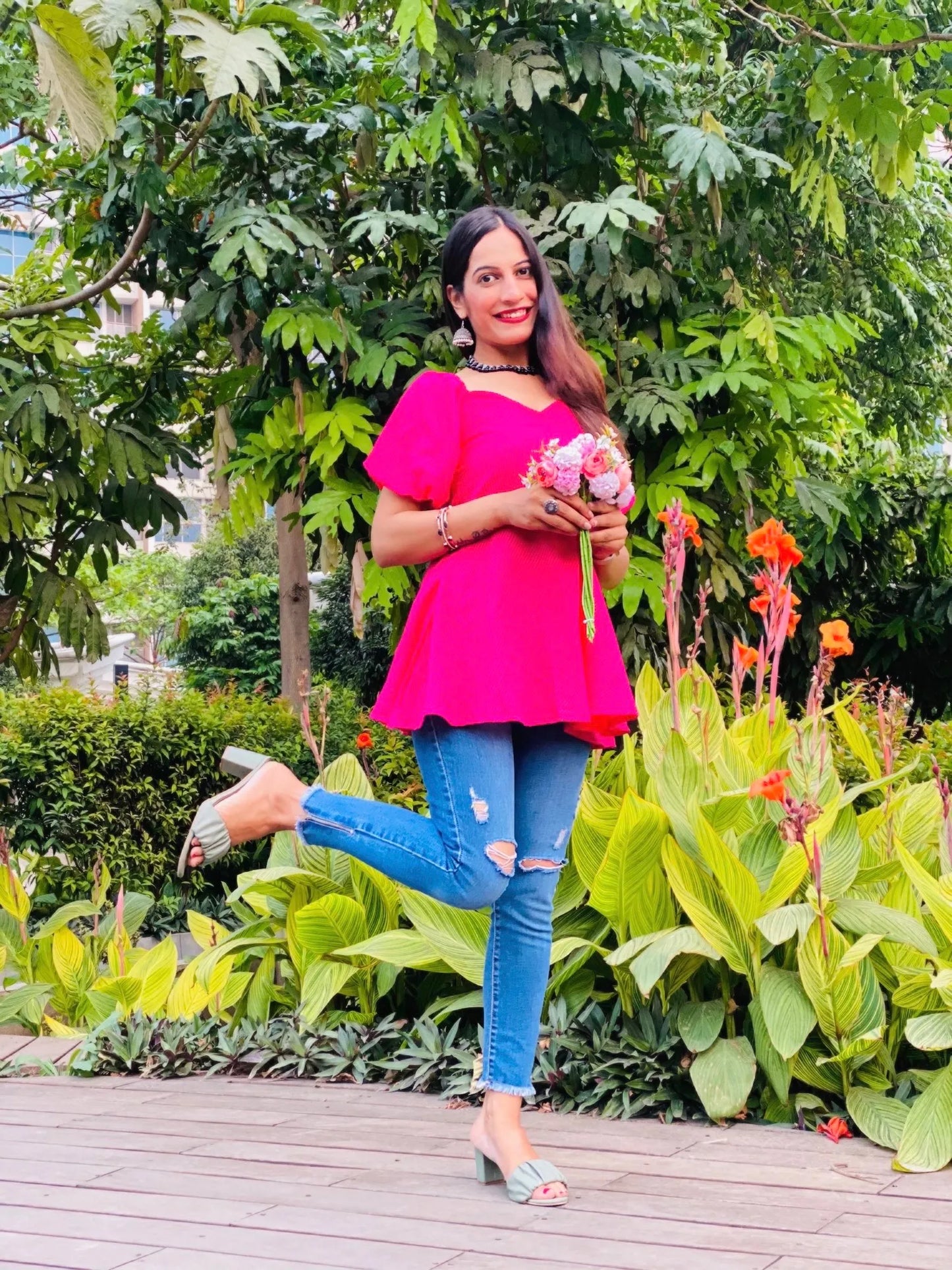Hot Pink Puff Gulnaz Peplum Top