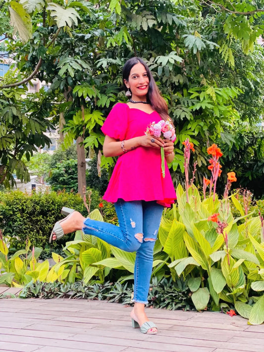 Hot Pink Puff Gulnaz Peplum Top - Passion for Fashion by Shivani