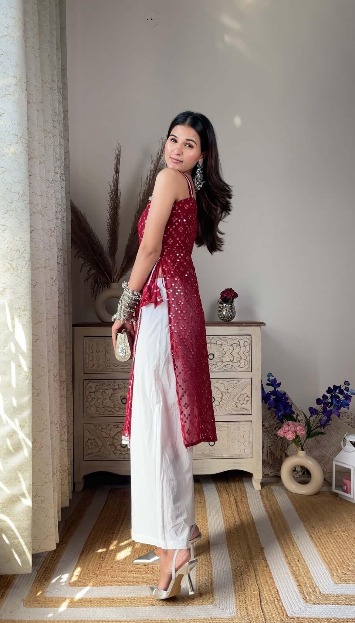 Swati's Scarlet Maroon Mirror Gulnaz Kurta