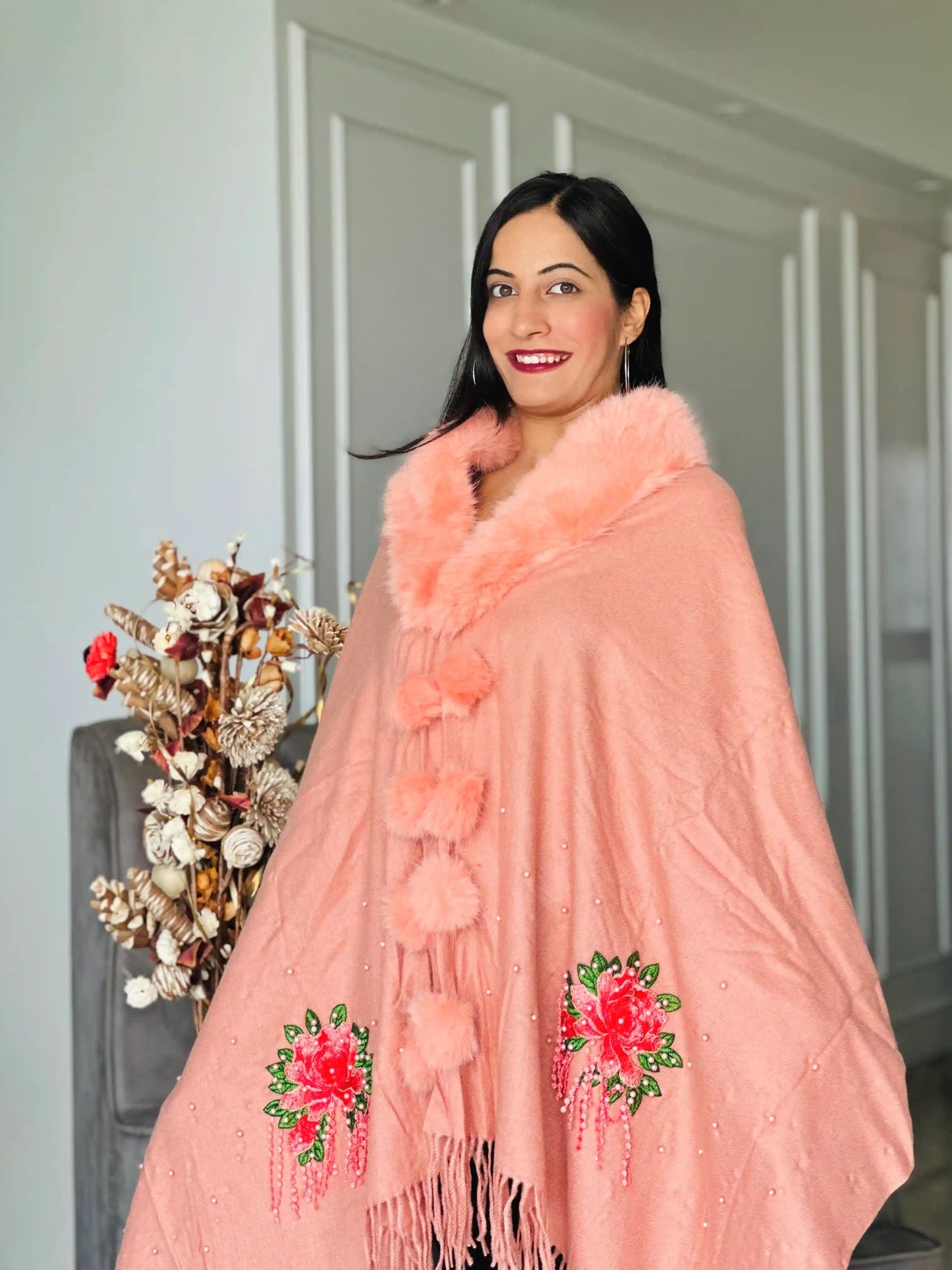 Soft Peach Fur Winter Cape