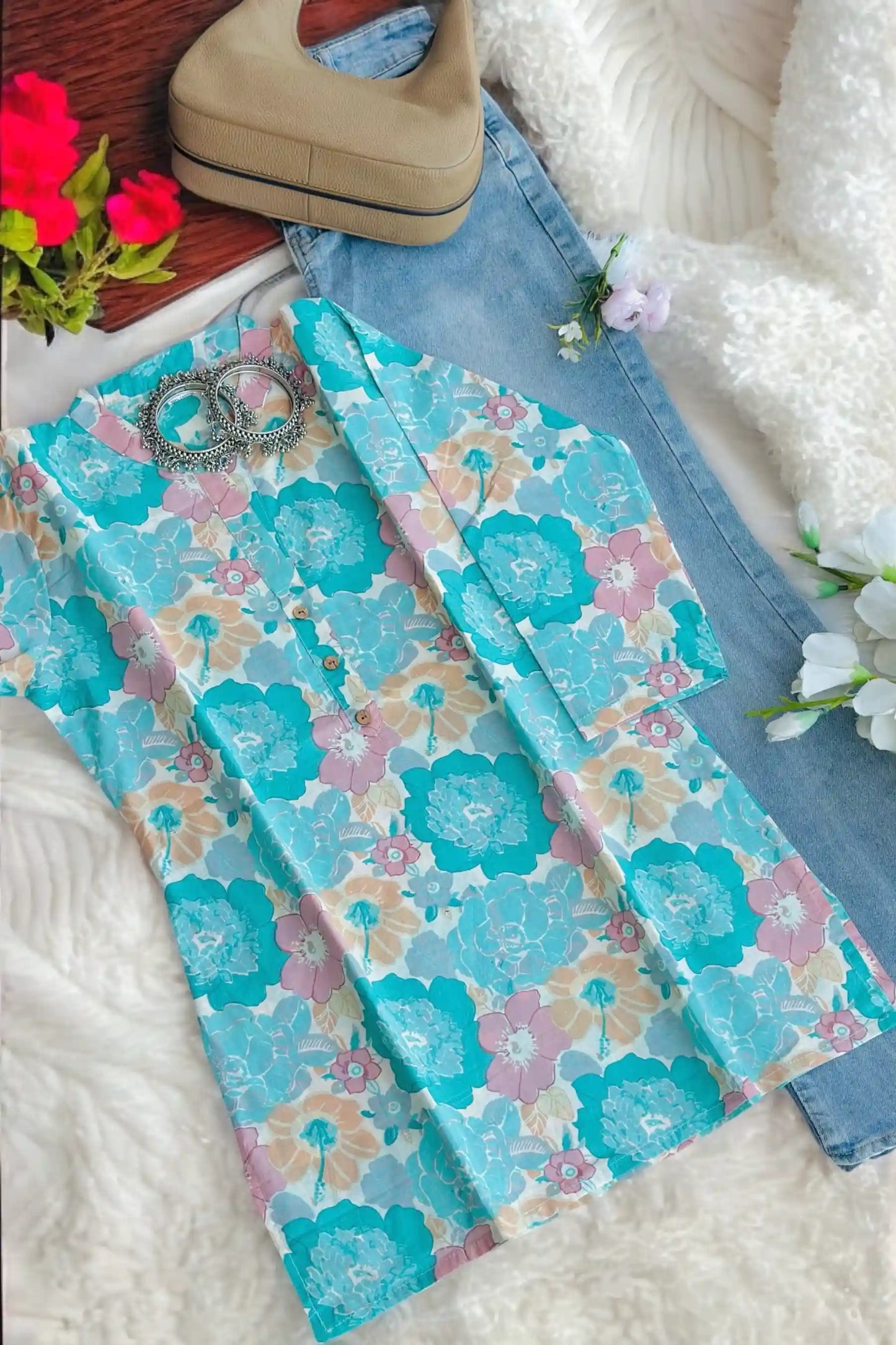 Classic Mul Floral Short Kurta