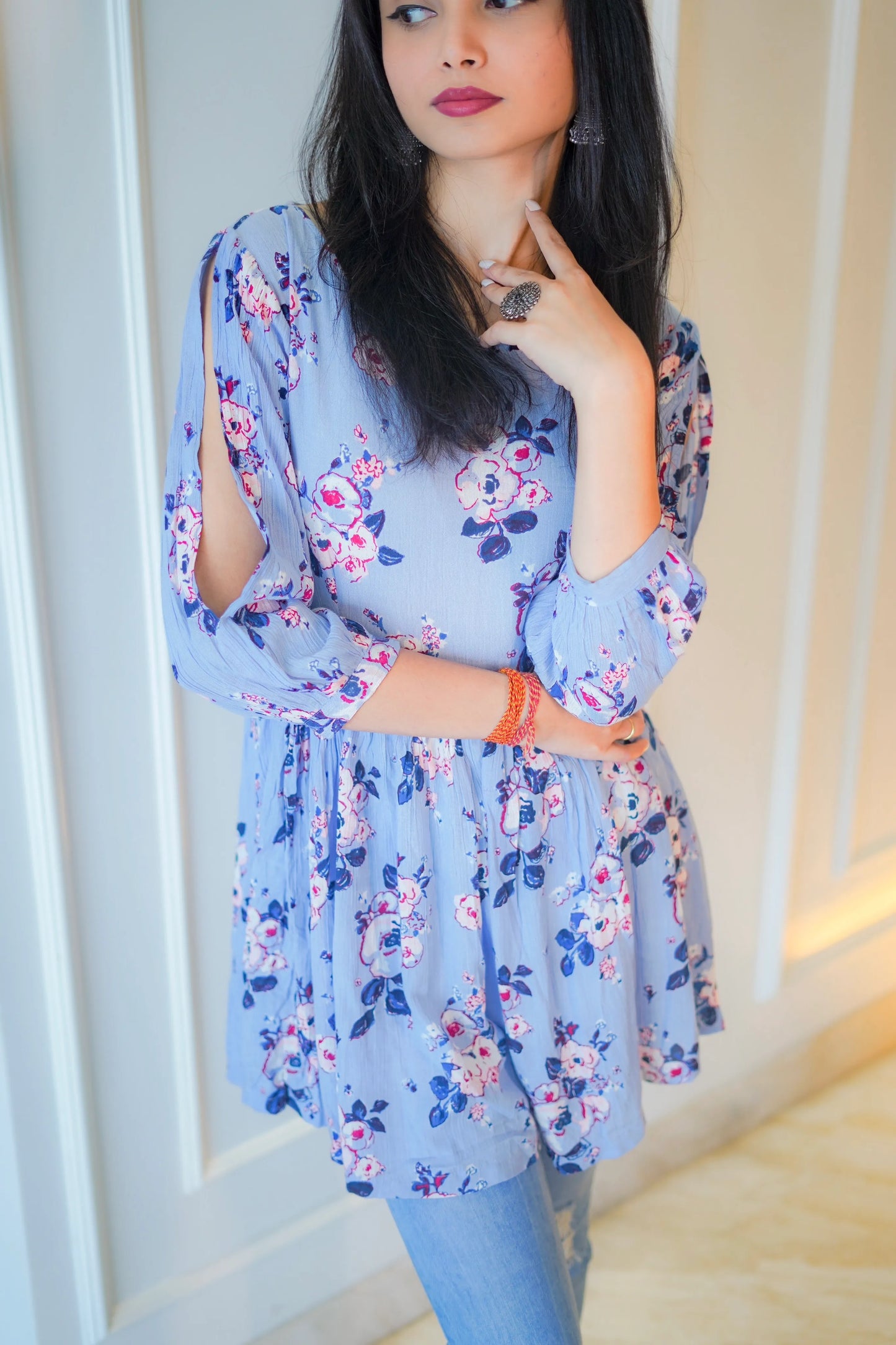 Asul Blue Floral Daisy Peplum Top