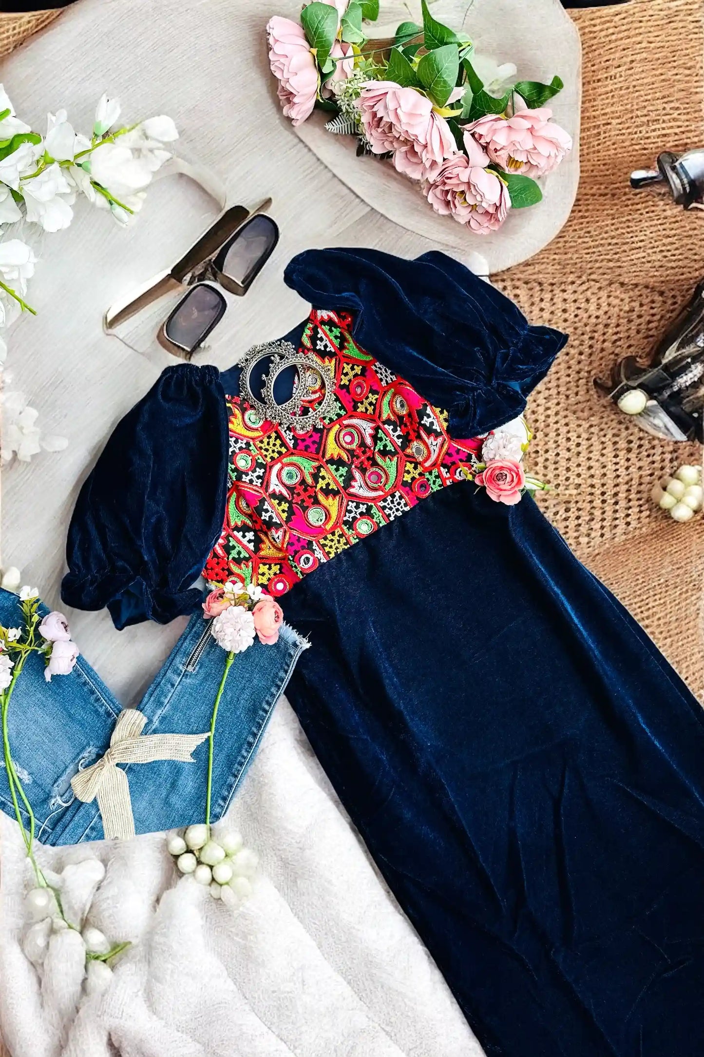 Azure Blue Gamti Velvet Gulnaz Kurta